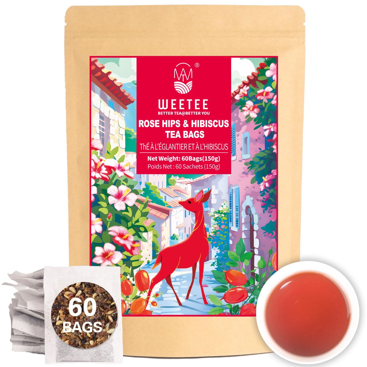 WT WEETEE Rosehips Hibiscus Tea Bags, Made with Rosehip & Hibiscus Flowers, Natural Caffeine-free Herbal Tea 2.5g x 60 Counts