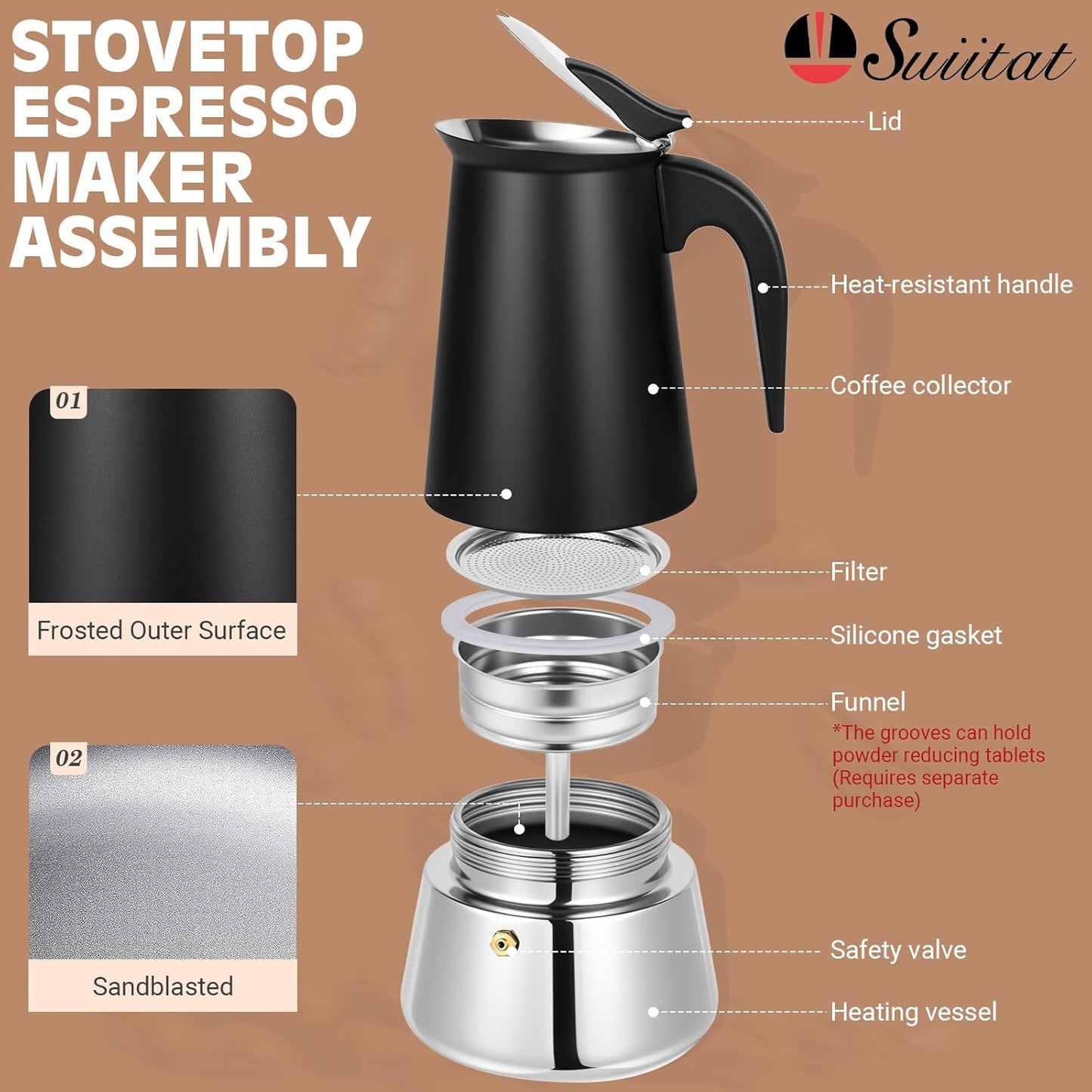 Moka Pot, 9 Cups (15.9 oz) Stovetop Espresso Maker, 304 Stainless Steel Moka Pot, Induction Compatible, Black