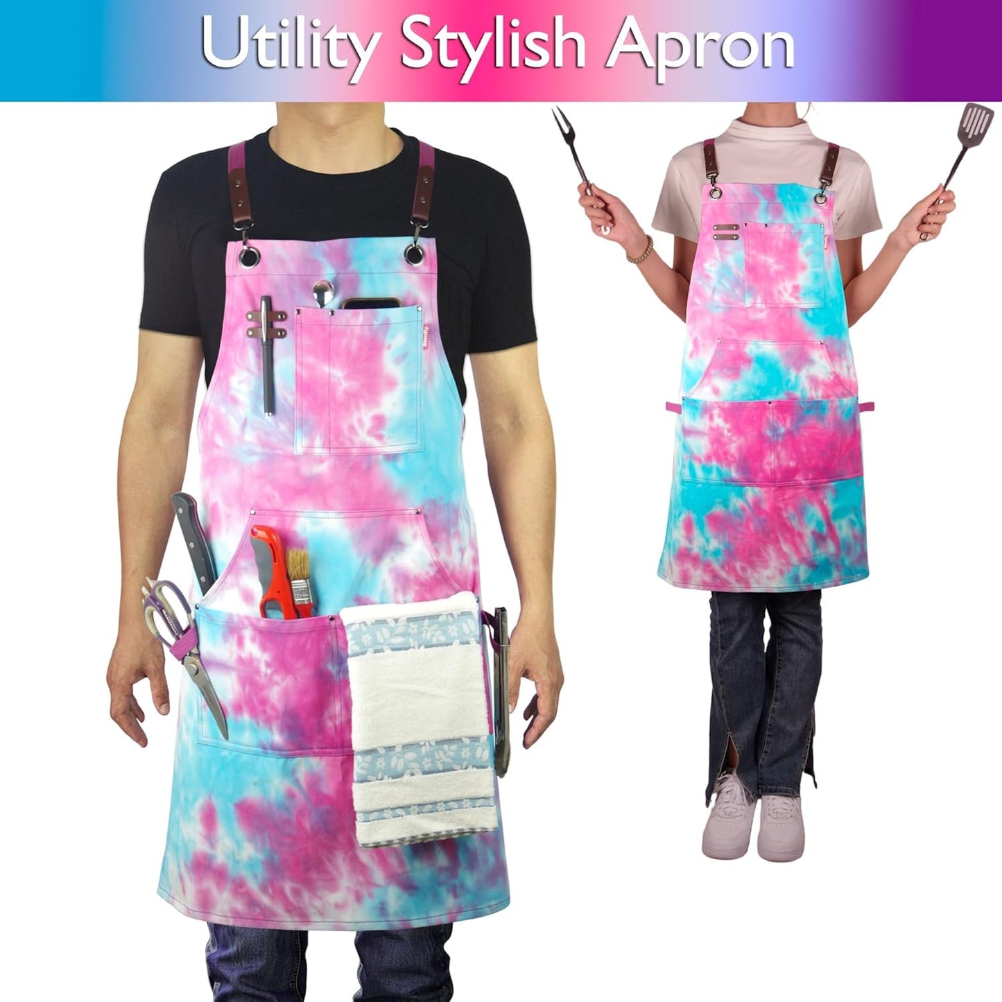 Kitchen Apron, Work Apron, Canvas, Multiple Pockets, Gardening, Painting, BBQ, Carpenter, Sizes M to XXL, Phantom Blue