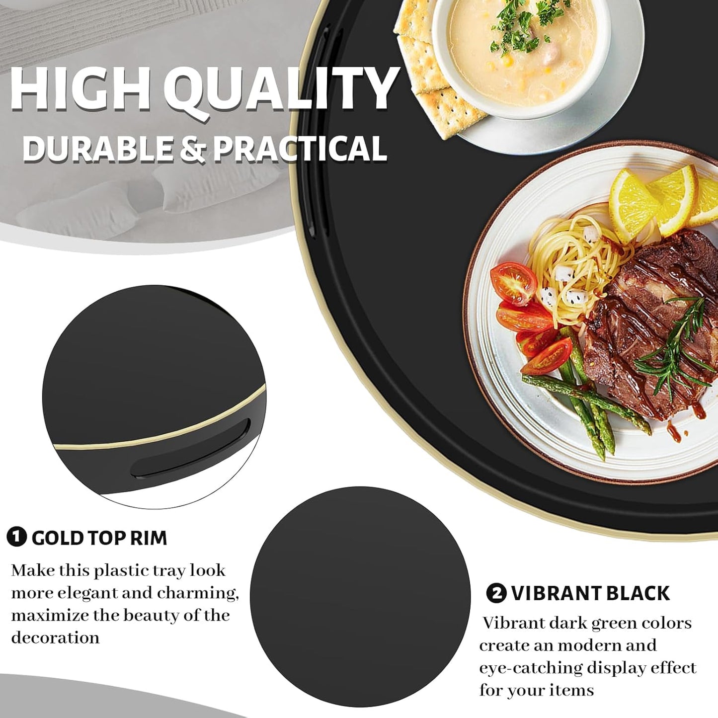 MAONAME Black Decorative Tray for Coffee Table, Modern Round Serving Tray with Handles, 13" Plastic Tea Trays for Ottoman, Bathroom Decor