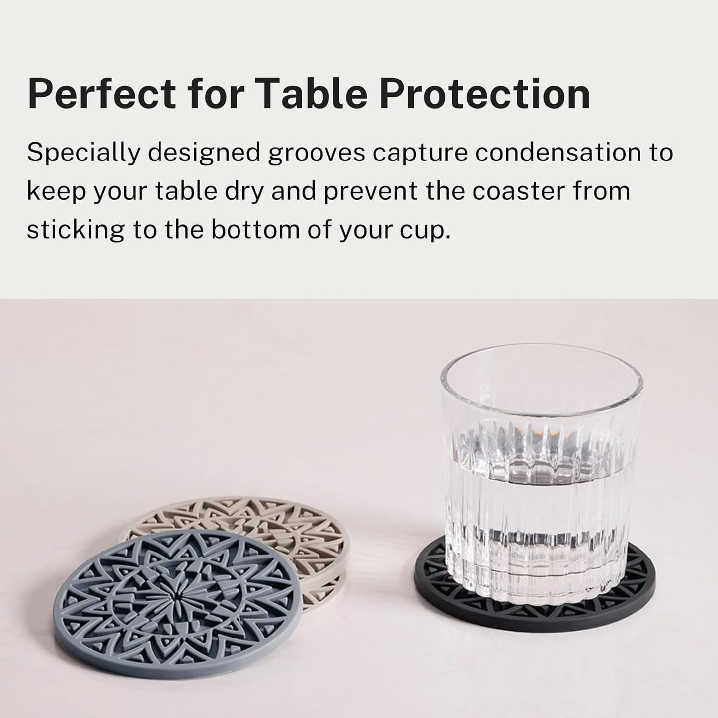 Set of 6 Dark Gray Silicone Coasters with Holder, Drink Coasters with Tribal Pattern Shape- for Table Protection, Anti Slip, Nonstick, Heat Resistant, Deep Tray