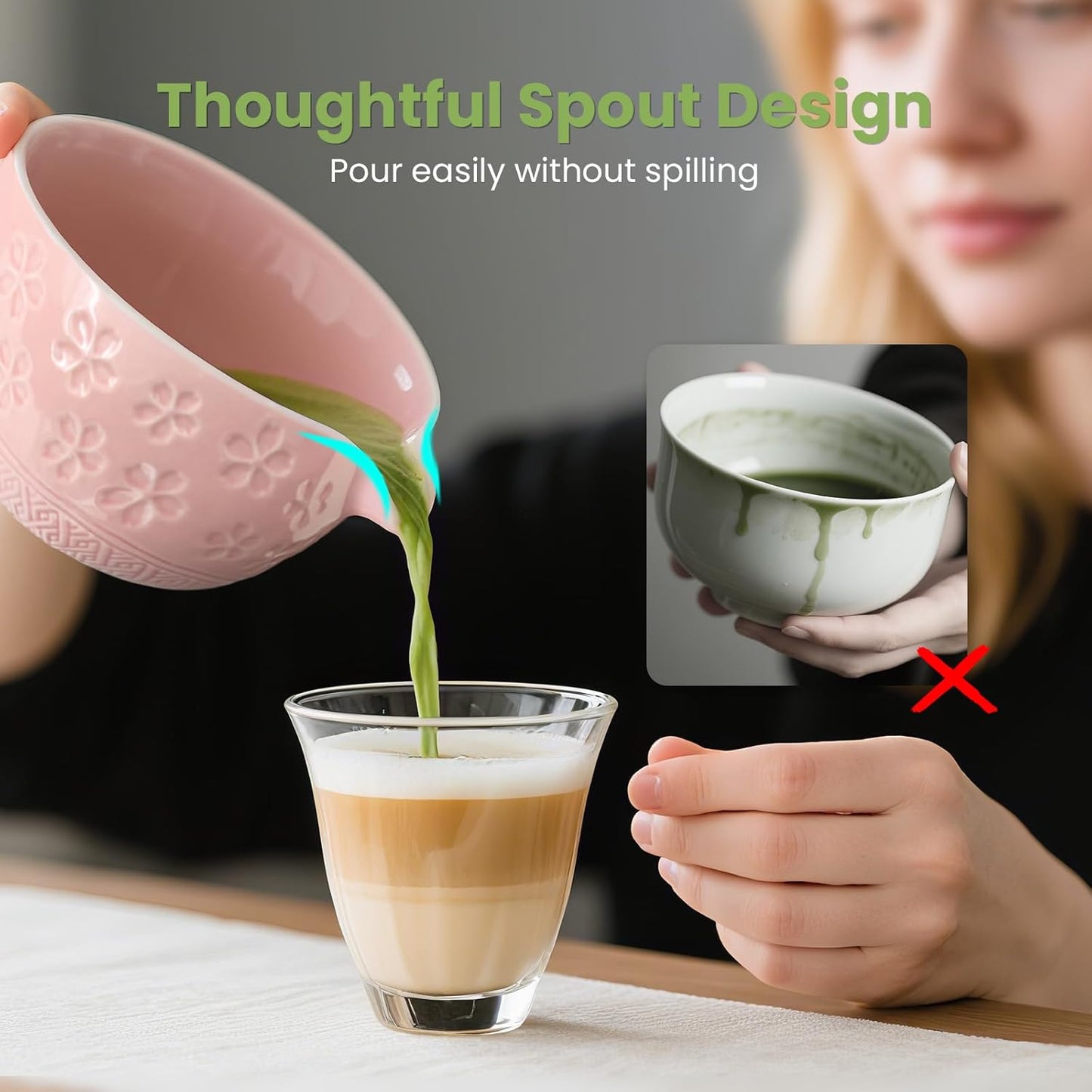 Matcha Whisk Set, Ceramic Matcha Set Includes Matcha Bowl, Whisk & Holder, Scoop, Sifter, Spoon, Scoop Rest, Tea Mat, Hand Book - 9 Pcs Kit for Matcha Lovers (Pink)