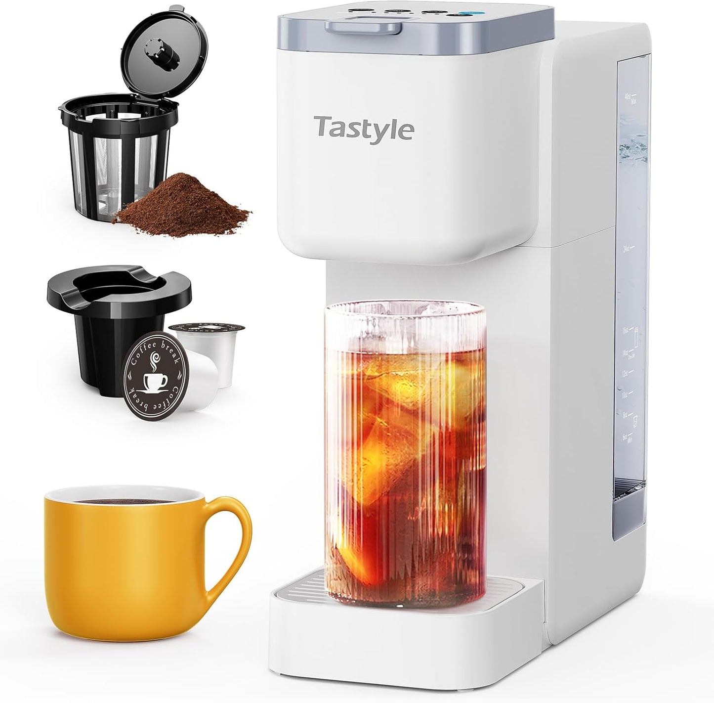 Single Serve Hot & Iced Coffee Maker with Strong Brew, 40oz Removable Reservoir, 6 Brew Sizes, Compatible with K Cup and Grounds, Compact for Home, Office, RV and Dorm, White (2.0 Version)