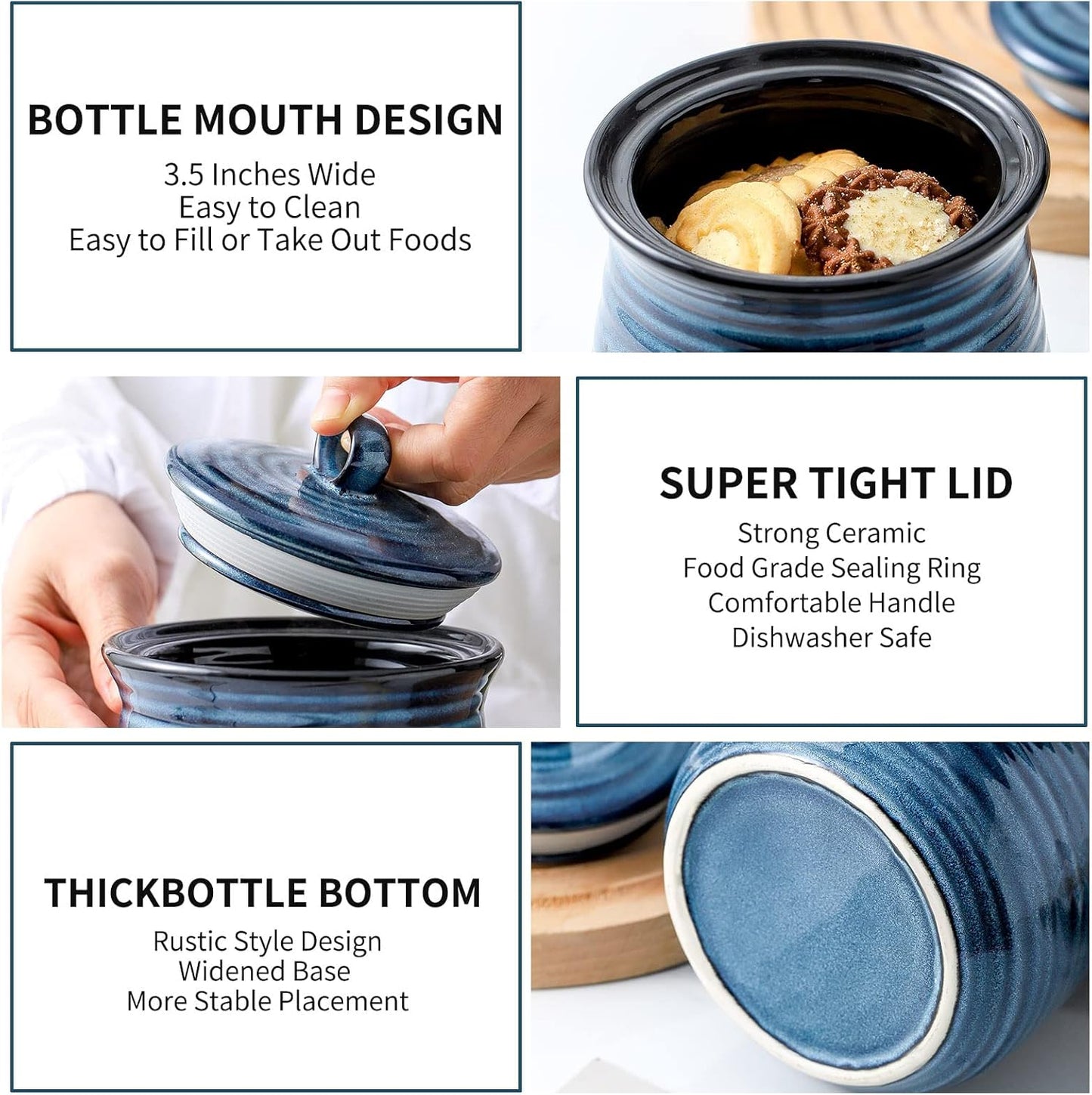 Ceramic Kitchen Canister, Large Food Storage Jar with Aritight Lid for Coffee,Tea,Sugar,Flour,Cookie,Candy,Cereal,Dog Treat, 35 oz Coffee Canister for Kitchen Countertop, Blue