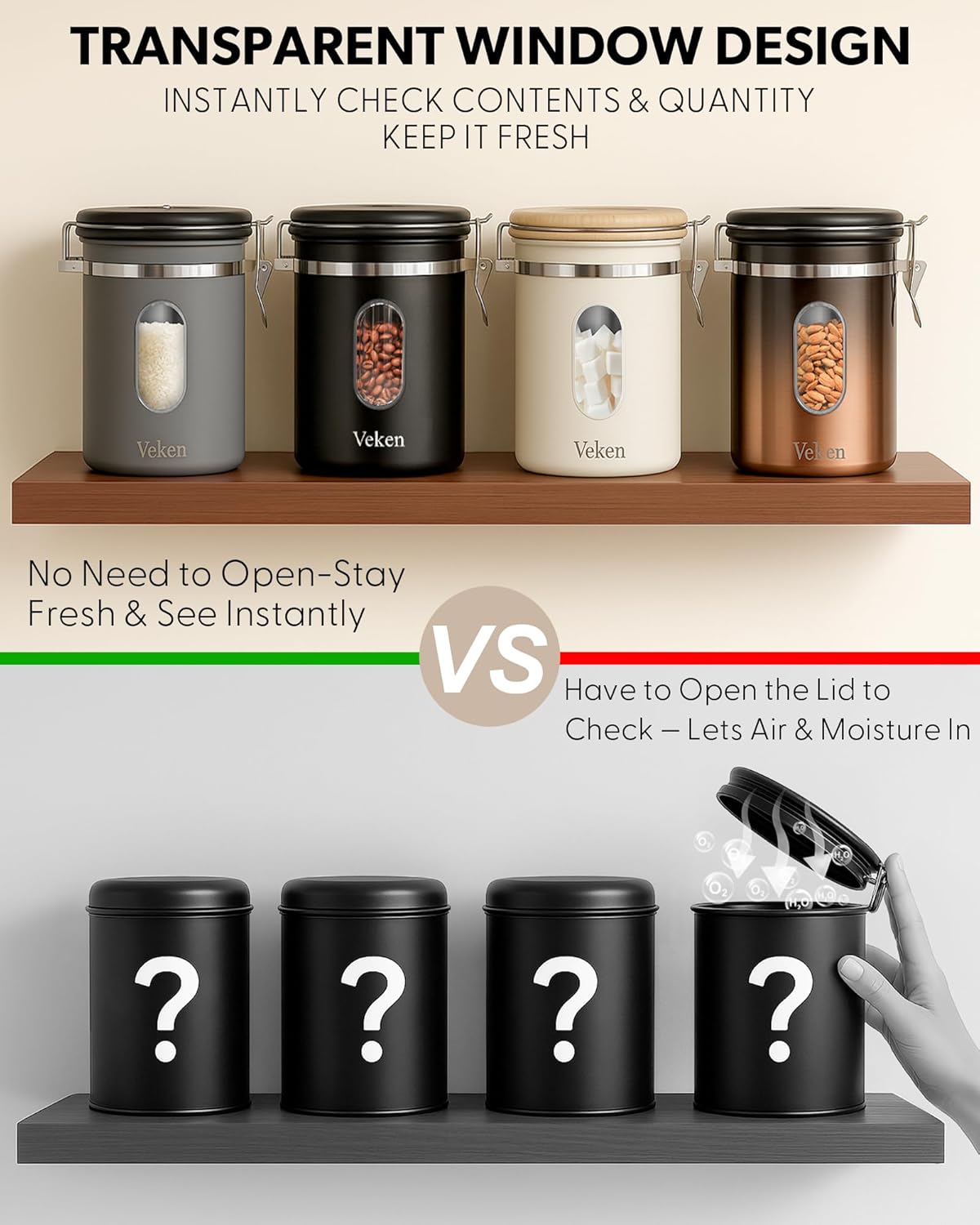 Veken Coffee Canister with Window,Airtight Stainless Steel Kitchen Food Storage Container, Date Tracker & Scoop for Grounds Coffee, Beans, Tea,Flour,Cereal,Sugar,22OZ,Copper