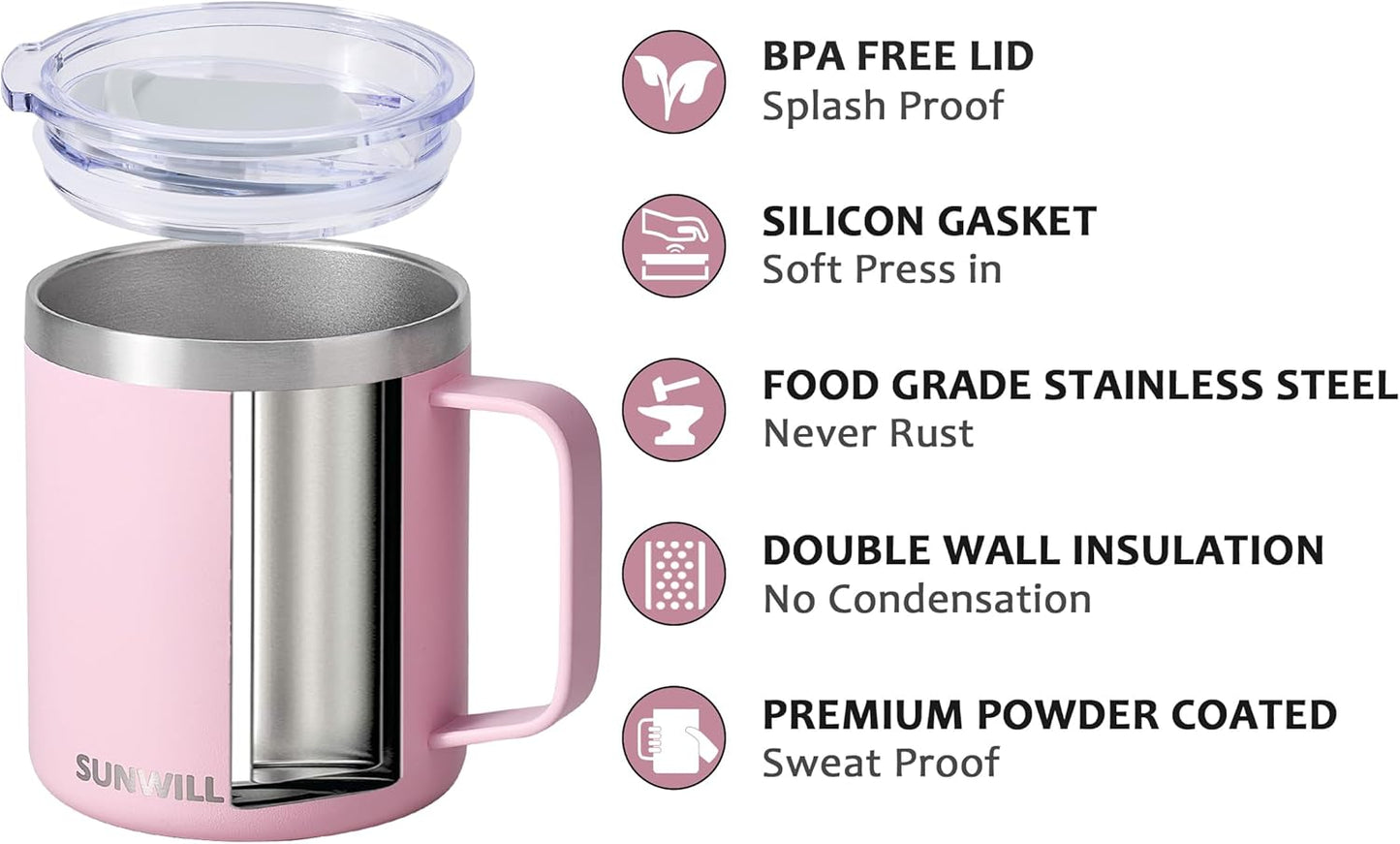 SUNWILL Insulated Coffee Mug with Lid, Travel Tumbler Reusable, 14 oz Stainless Steel Cup for Camping, Office, Home, Powder Coated Sakura