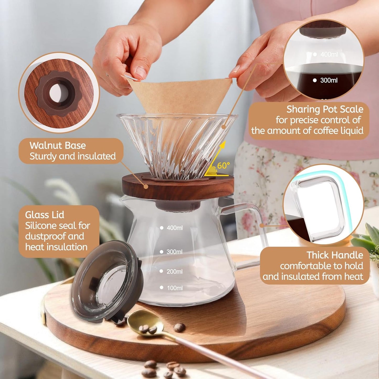 Pour Over Coffee Maker 400ml Borosilicate Glass Drip Coffeemaker Server Set with 50pcs V60 Cone Paper Filters Walnut Collar Glass Lid Clear Hand Brew Dripper Carafe for Home Camping Travel 13.53oz