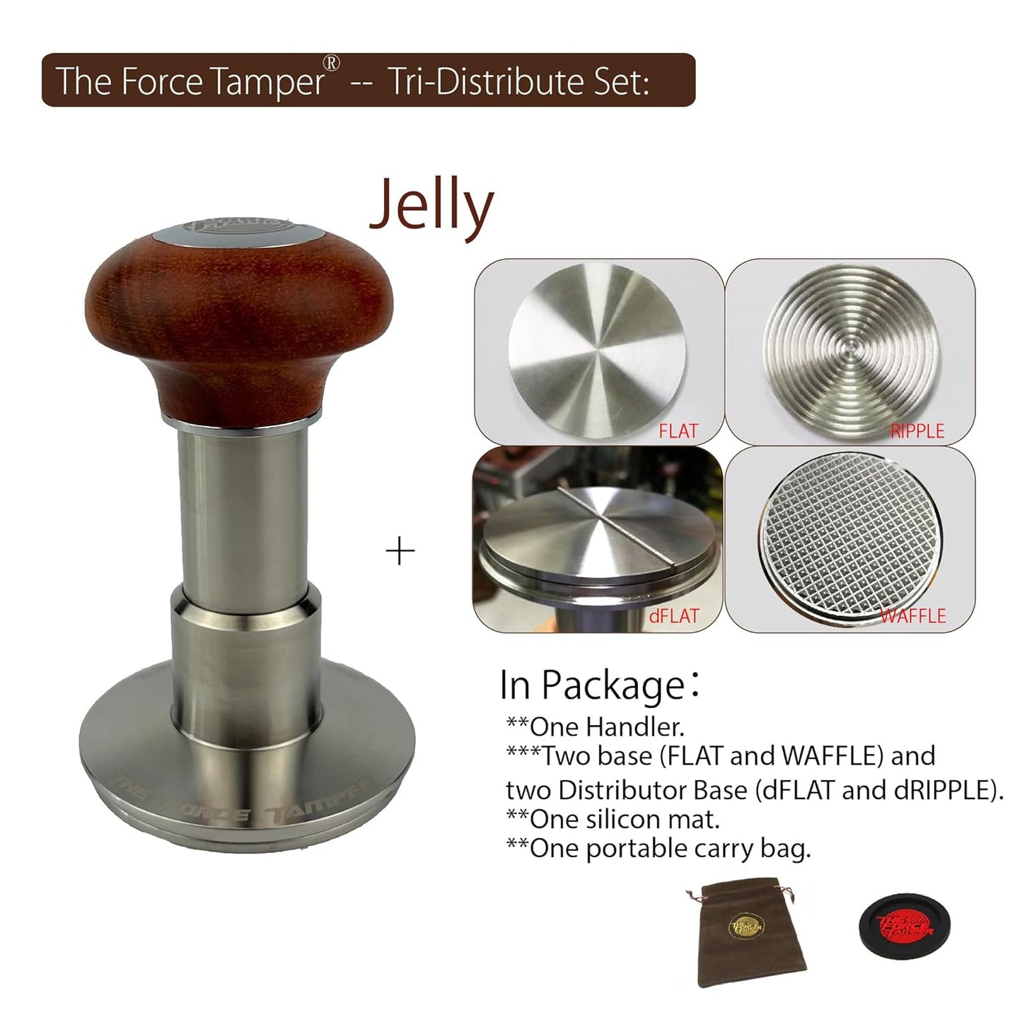 The Force Tamper Automatic Impact Adjustable Constant Pressure and Autoleveling Coffee Tamper Reddish Brown Jellyfish Wooden Handle Set Pro (TRI-Distribute Set, 58.50mm)
