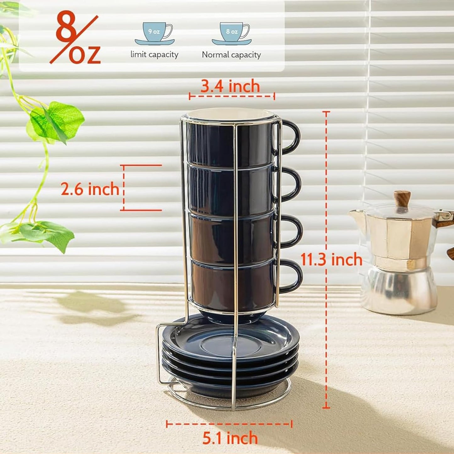 Sweese 8 Ounce Porcelain Stackable Cappuccino Cups with Saucers and Metal Stand - for Specialty Coffee Drinks, Cappuccino, Latte, Americano and Tea - Set of 4, Navy