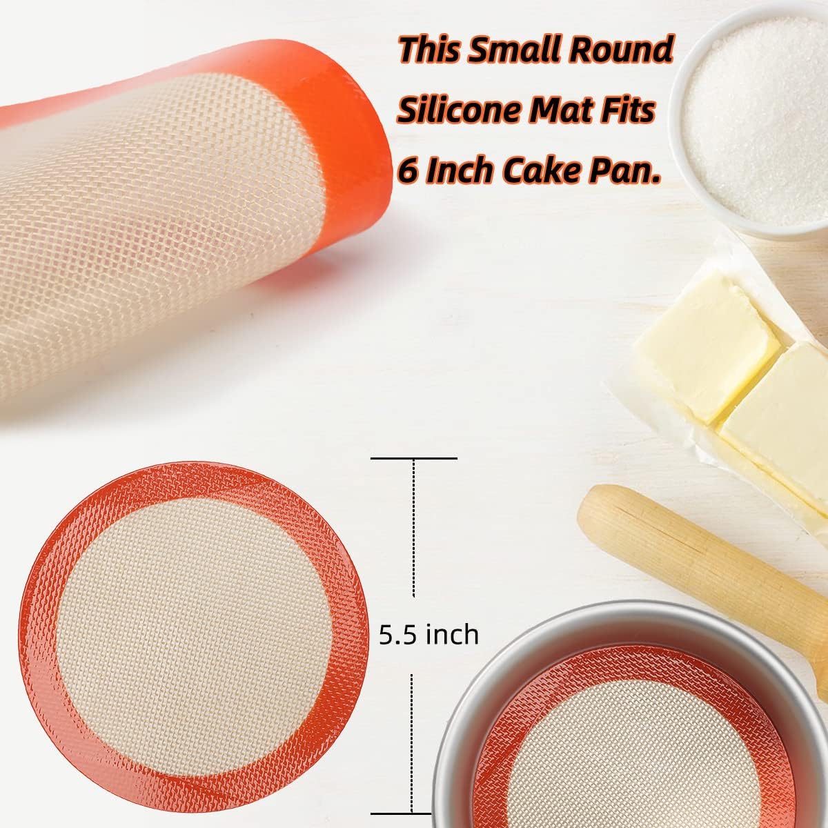 6 Inch Round Baking Mats, Food Grade Silicone Mats for Cake Pan/Tortilla Maker, Premium Non-Stick Reusable 6 Inch Tortilla Press Liner for Small Cake/Tortilla/Pie/Pizza, Round 5.5" Orange, 3PCS