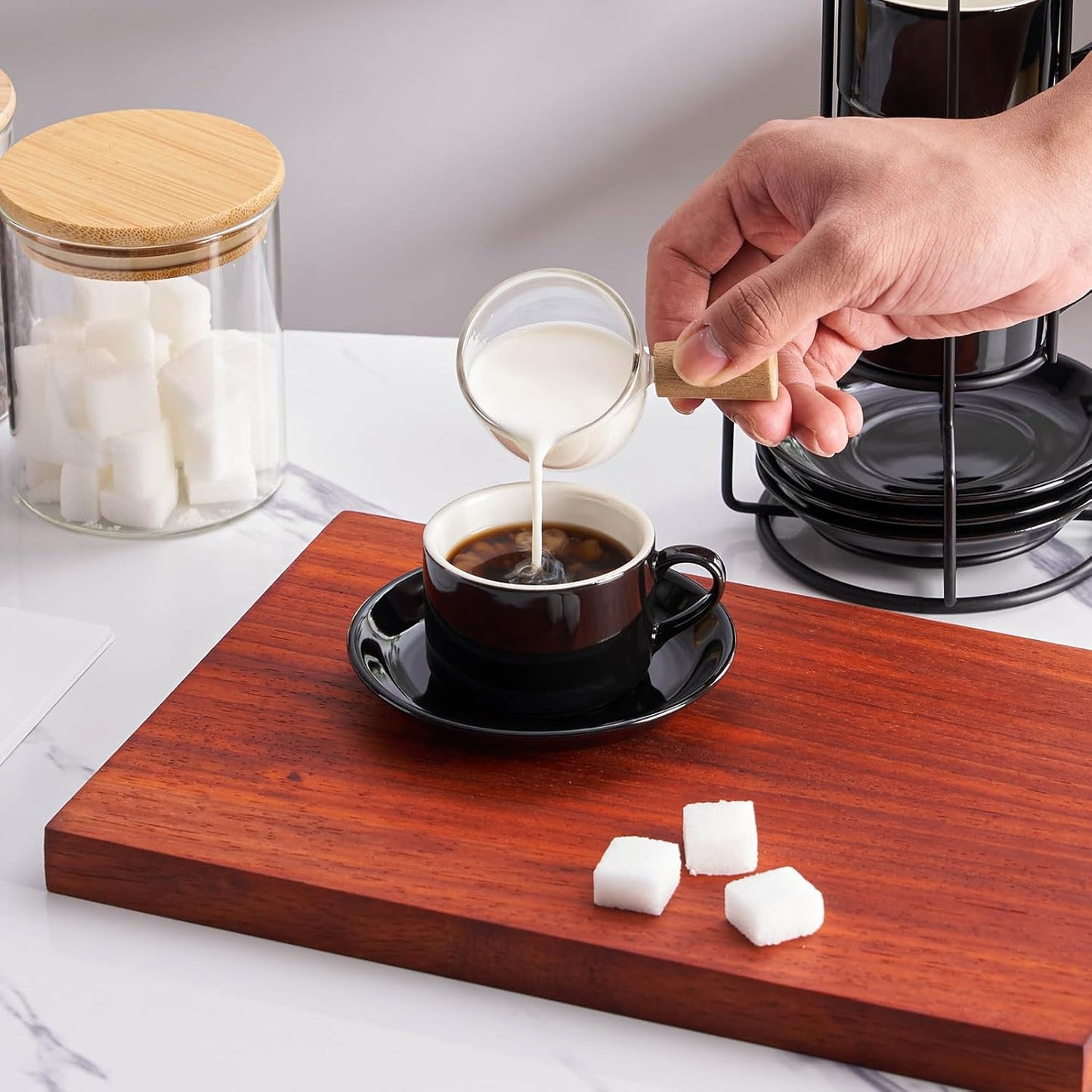 8oz Porcelain Stackable Cappuccino Cups with Saucers and Metal Stand Set of 4, Coffee Cups for Espresso, Specialty Coffee Drinks, Latte, Americano and Tea - Black