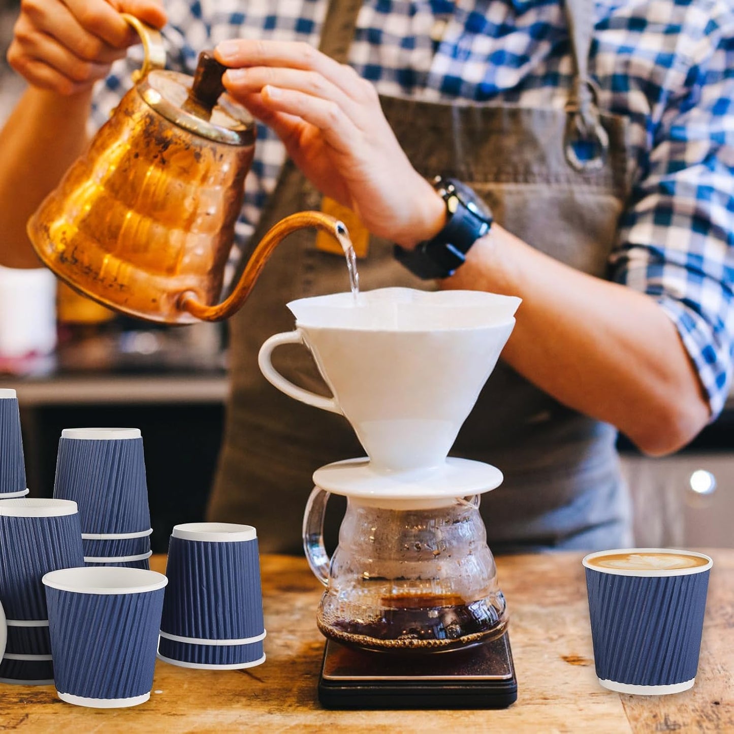 200 Pcs 4oz Paper Espresso Cups Ripple Wall Hot Cups For Coffee Disposable Coffee Cup Paper Hot/Cold Drinking Cups for Party, Picnic, Travel and Events (Blue)