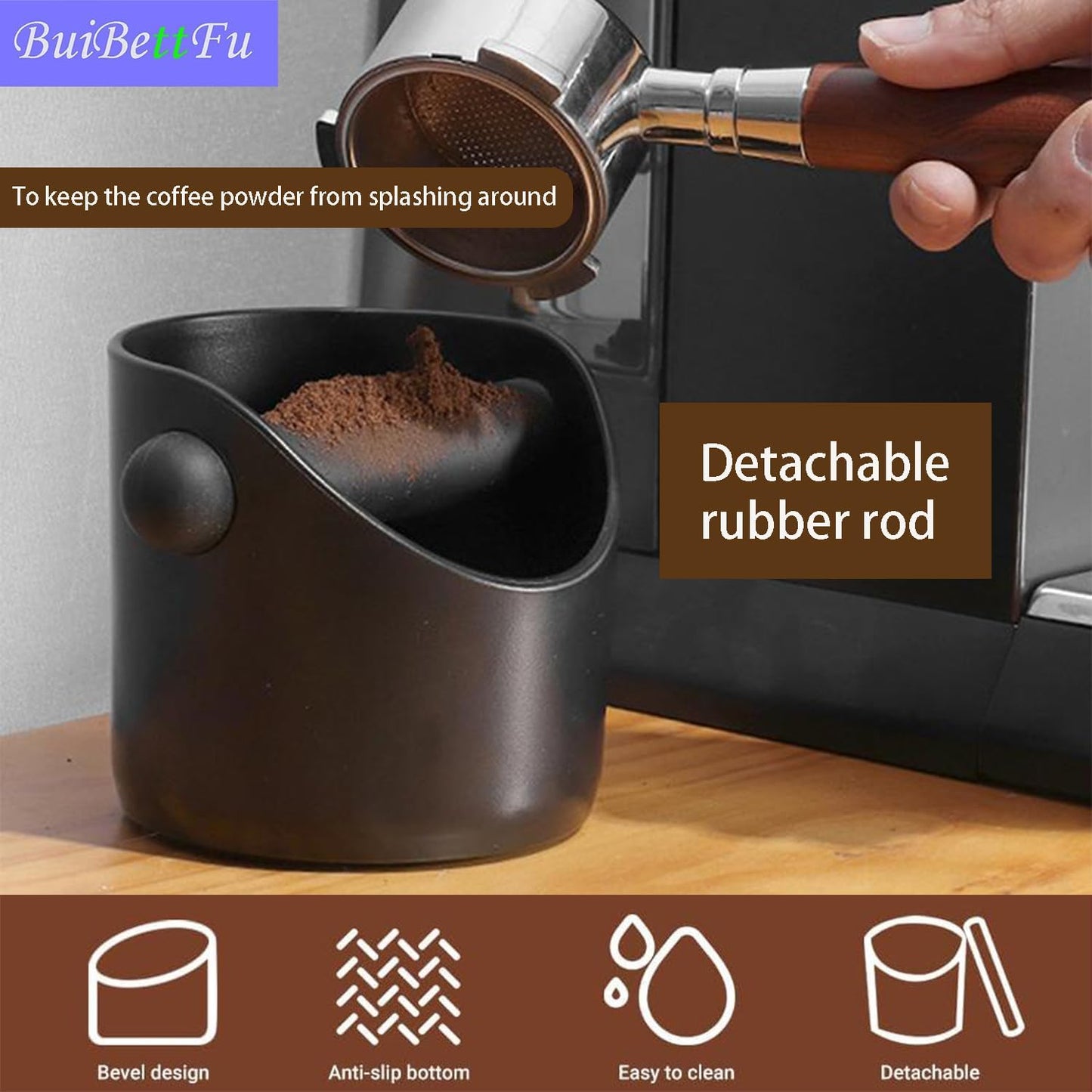 Coffee Knock Box Shock-Absorbent Durable Barista Style Knock Box With Removable Knock Bar and Non-Slip Base Gift (4.6 x 4.3 Inch-Black)