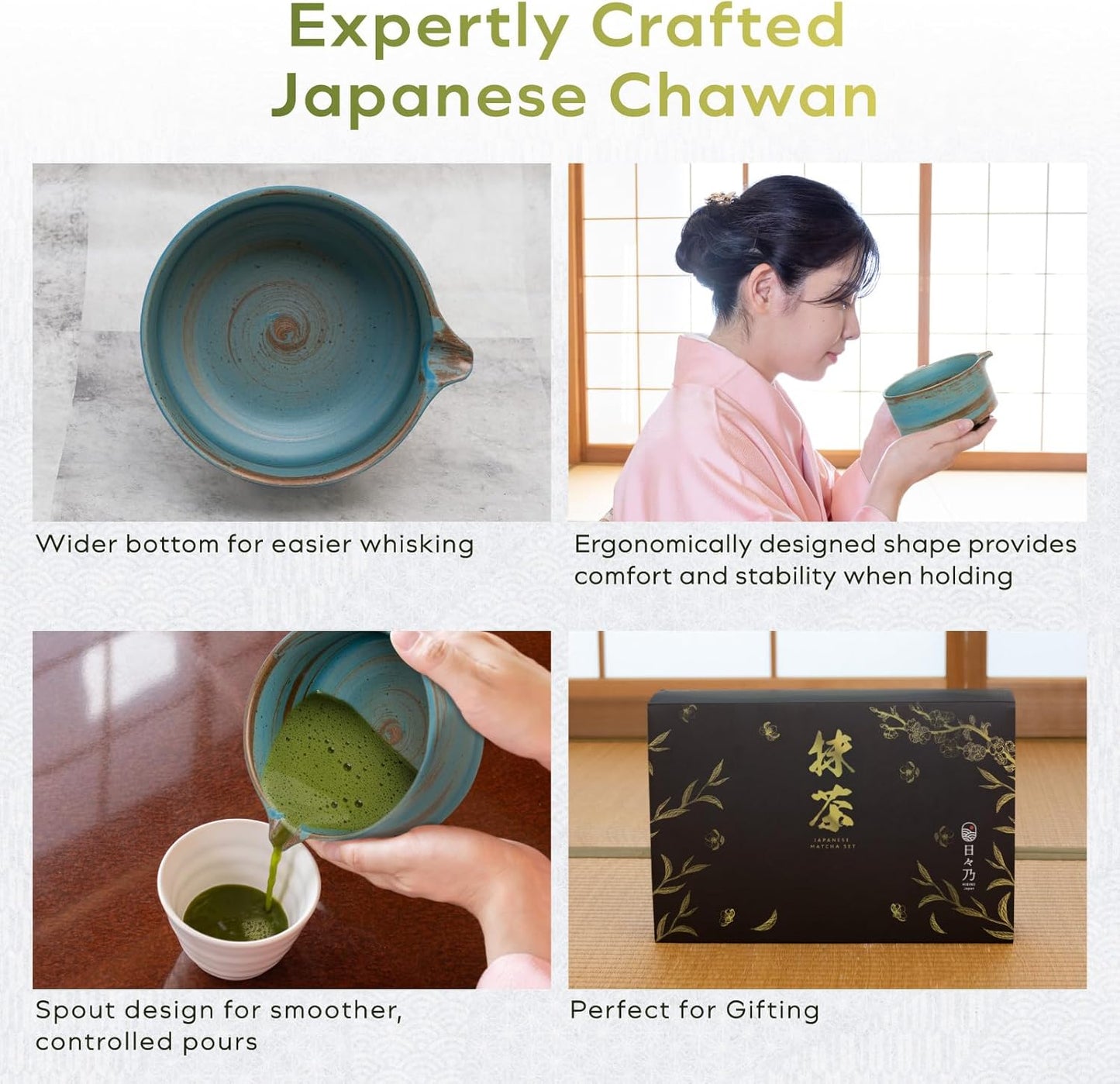 Japanese Matcha Set | Matcha Bowl with Spout | Whisk & Holder | Bamboo Scoop & Stainless Sifter | 5-Piece Traditional Matcha Kit | Designed in Japan |「Rustic Teal」