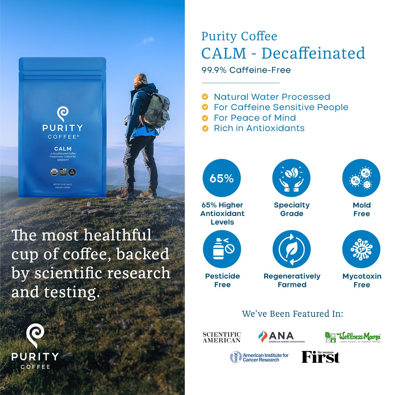 Purity Coffee CALM Decaf Ground Coffee - Natural Water Decaffeinated Coffee - USDA Organic and Third-Party Tested for Antioxidants, Mold, Mycotoxins and Pesticides - 12oz (Purity Calm, medium_roast) | Ground| CALM
