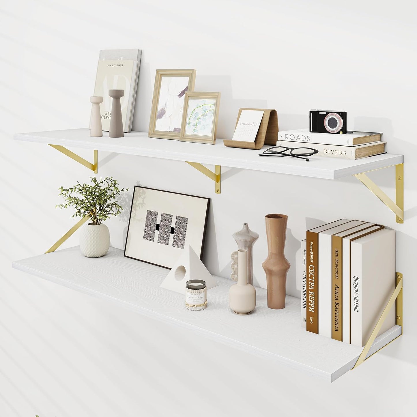 Floating Shelves for Wall, 12 Inch Deep Floating Shelves Set of 2, 48W x 12D Large Wall Shelf with Sturdy Metal Brackets for Living Room, Bathroom, Bedroom and Kitchen, White with Gold Bracket