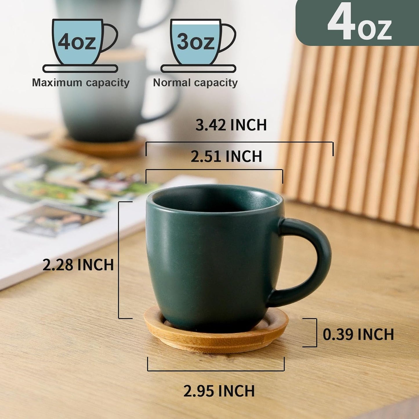 Hasense Stackable Porcelain Mini Espresso Cups and Saucers Set of 6, 4 OZ Ceramic Small Demitasse Espresso Shots Cups with Lids for Nespresso Lungo, Latte, Cafe Mocha and Tea, Green