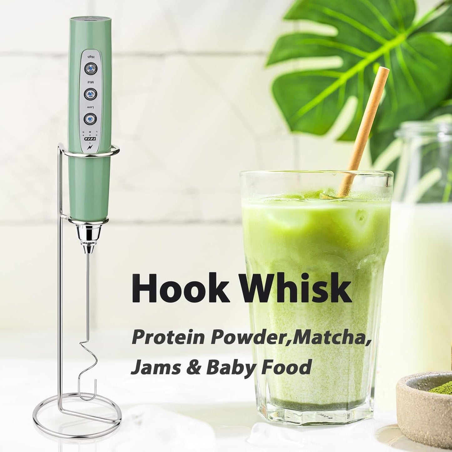 Milk Frother with Stand Rechargeable-Handheld Coffee Frother with 3 Stainless Whisks 3 Speed Adjustable, Electric Whisk Drink Mixer, Foam Maker Blender for Matcha Latte Cappuccino Chocolate