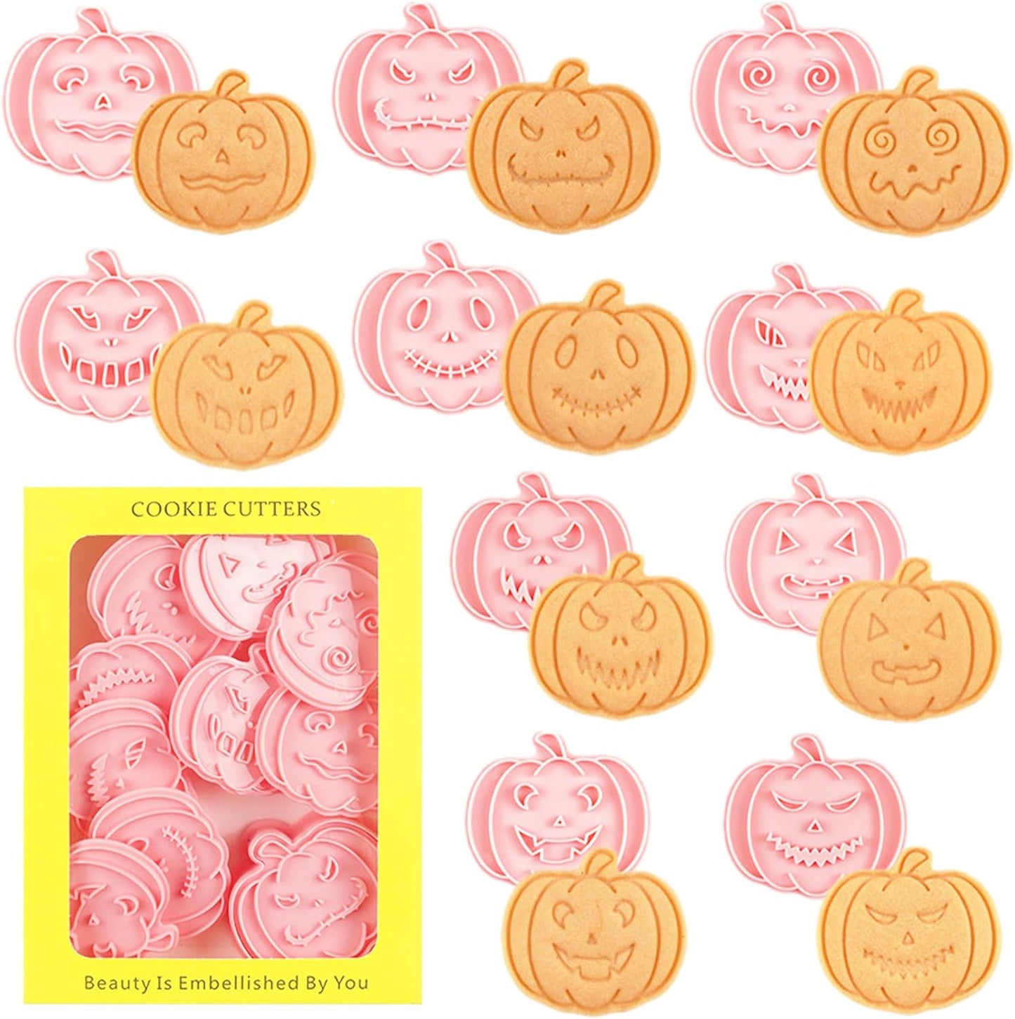 10 Pcs Halloween Cookie Cutters Set with Plunger Stamps, 3D Pumpkin Plastic DIY Cookie Molds for Halloween Party Treat, Baking, Fondant, Cake Decor (F10)