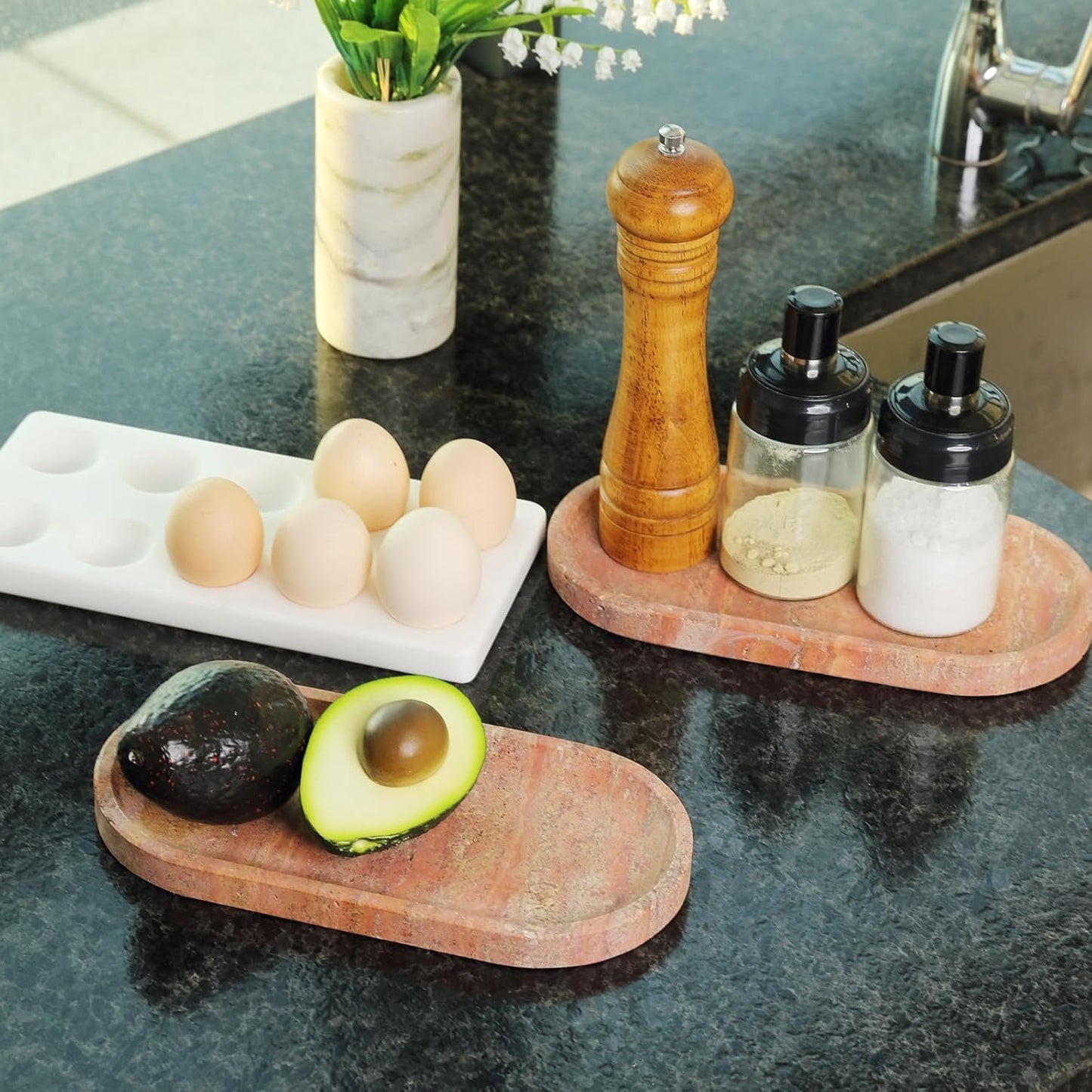 Koville Turkish Red Travertine Tray, 10" x 5" Vanity Decorative Marble Tray for Bathroom, Home Décor Trays for Countertop Organizer, Catchall Trays for Perfume, Candles, Jewelry