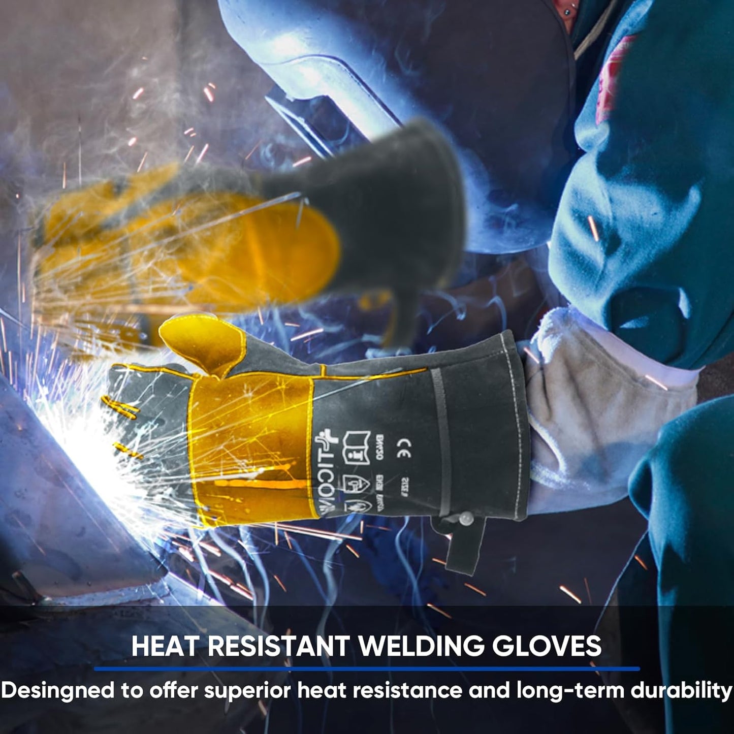 TICONN Welding Gloves, 1000°F Heat-Resistant Fireproof Leather Gloves for Welders, Stick, Forge, Mig, Tig, BBQ, Baking, Oven