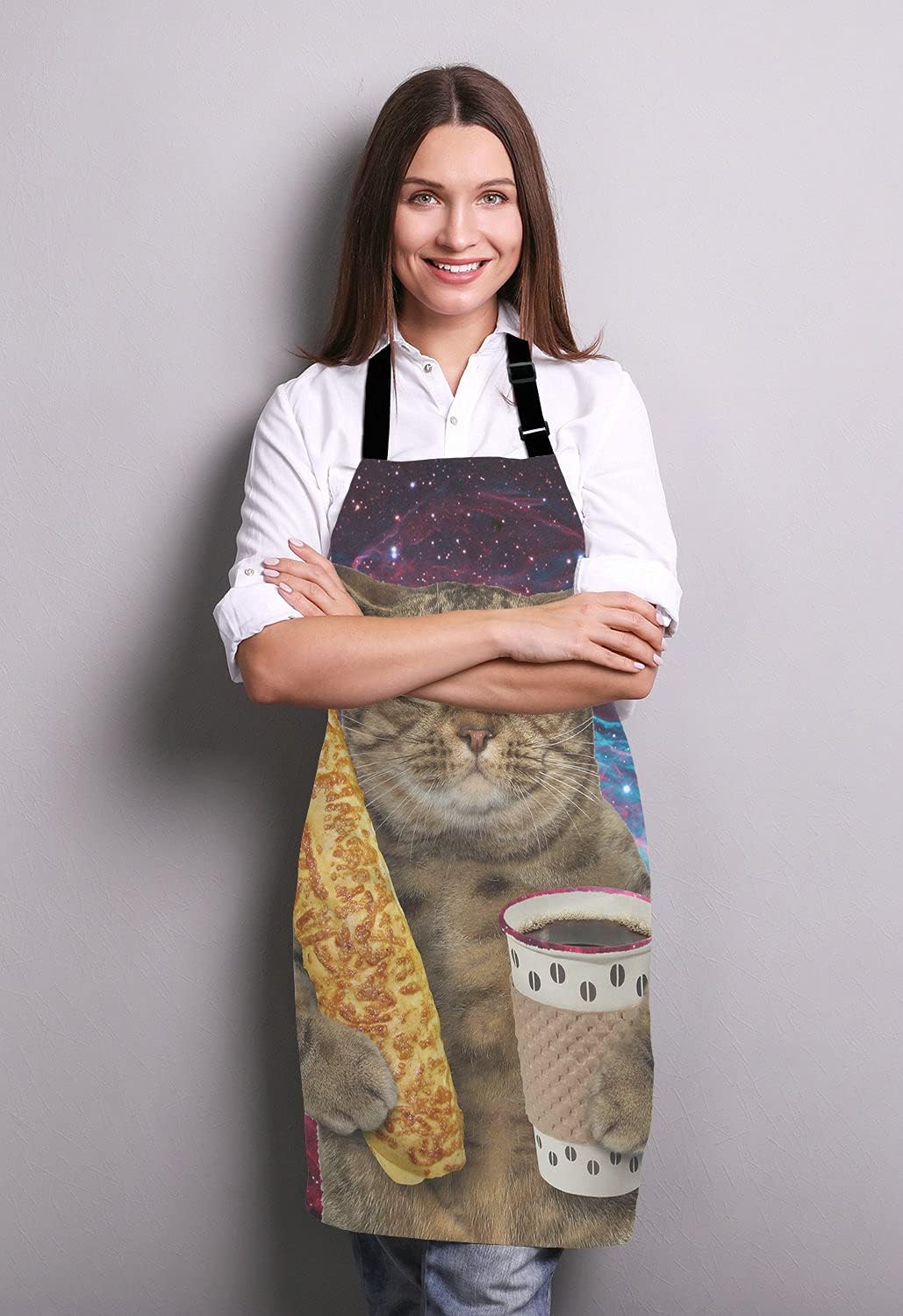 Funny Galaxy Cat Adjustable Bib Apron, The cat is holding a cup of black coffee and a baguette Cooking Kitchen Apron for Men Women
