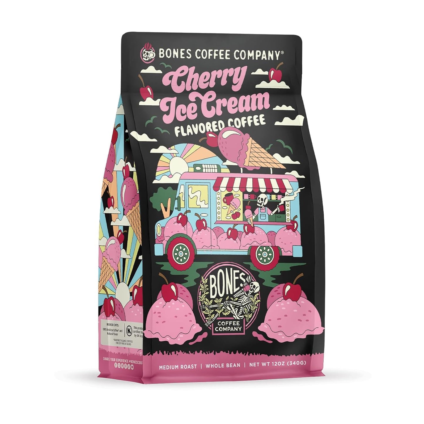 Bones Coffee Company Cherry Ice Cream Flavored Coffee, Medium Roast Low Acid Arabica Beans Compatible with Auto drip and French Press Coffee Maker, 12 Oz Whole Bean