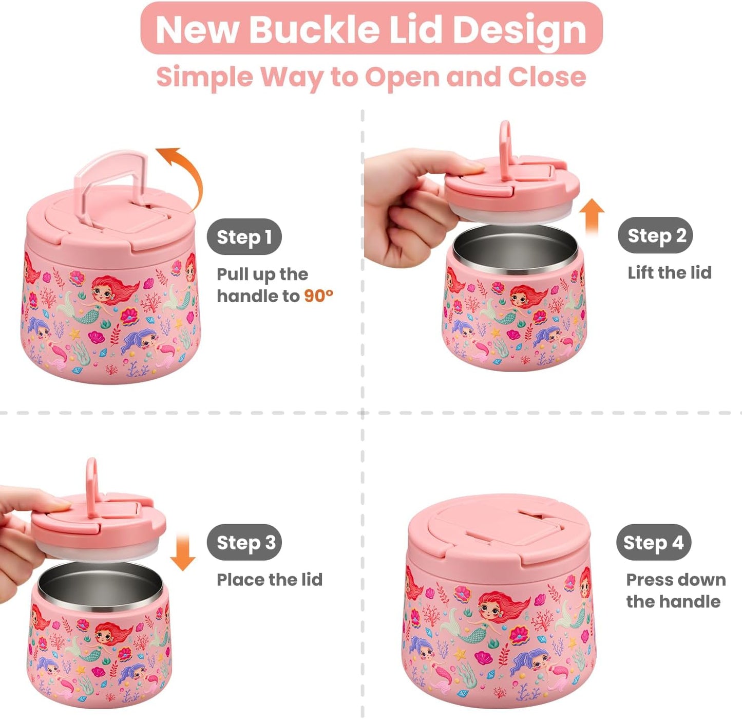 14oz Insulated Vacuum Food Jar with Buckle Lid,Soup Thermo for Hot Food Kids,Wide Mouth Leakproof Stainless Steel Lunch Container with Spoon-Mermaid