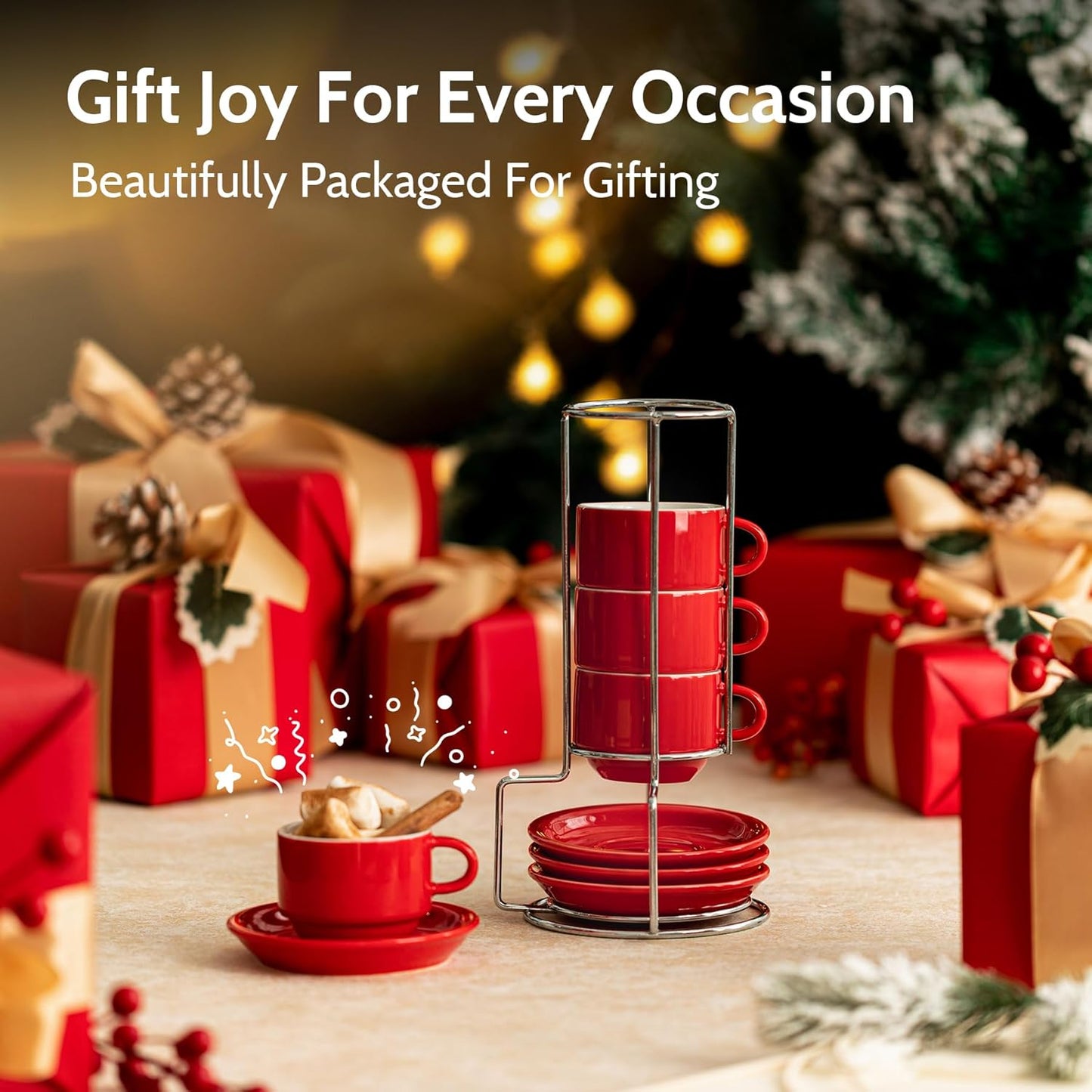 Sweese 2.5 Ounce Porcelain Stackable Espresso Cups with Saucers and Metal Stand Set of 4, Red