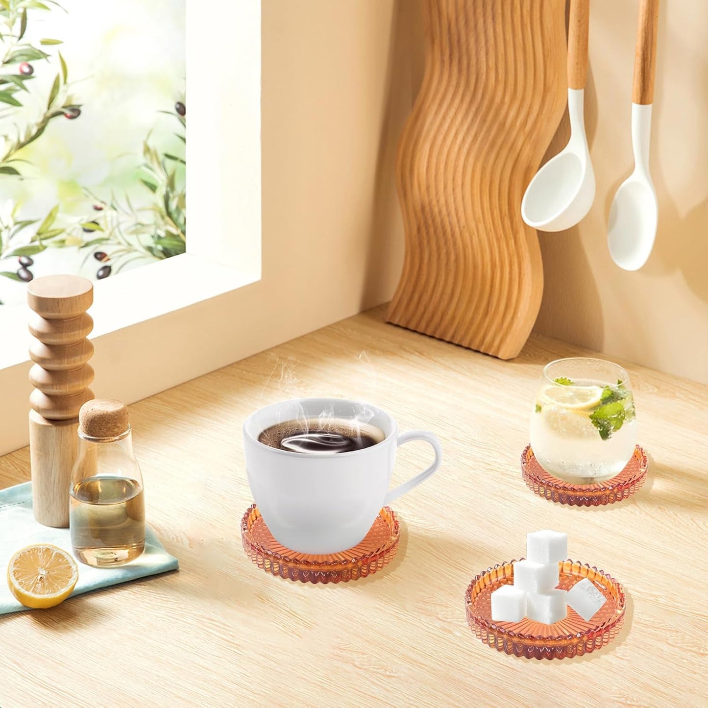 Glass Coaster 6 Pack Round Cup Coasters for Drinks,Crystal Coffee Coaster,Stylish Drink Coasters for Kitchen Bar Dining Room Living Room Office Decor and Jewelry Storage,Amber