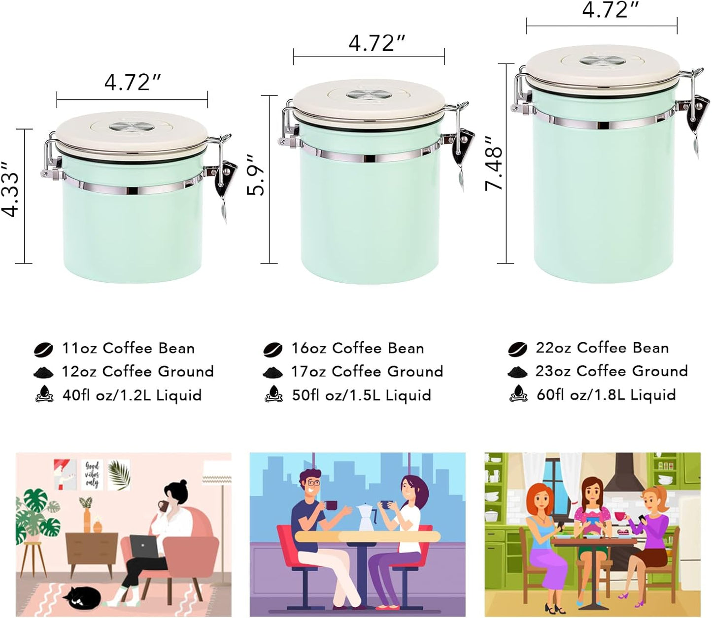 ShanSon Coffee Canister Airtight Coffee Container Stainless Steel Coffee Bean Storage Container with CO2 Release Valve and Scoop Coffee Canister for Beans,Grounds,Sugar,Flour,Tea,Cereal,16OZ,Green