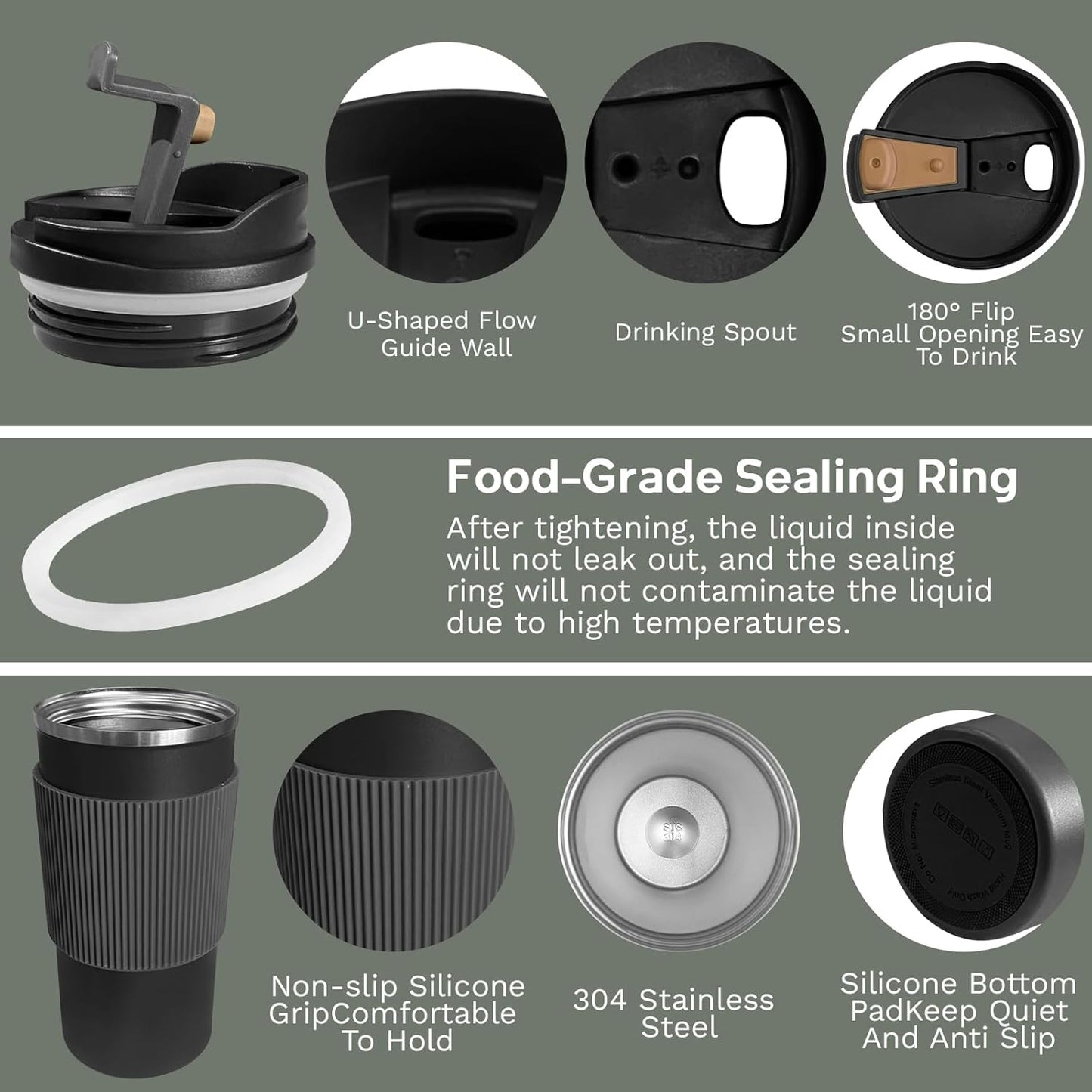 YINBAOGE Upgraded Insulated Travel Coffee Mug, Spill Proof & Leak Proof, Portable Camping Stainless Steel Tumbler, Reusable Coffee Cup with Lid, Thermos for Hot & Cold Drinks (4th-Black, 15OZ)