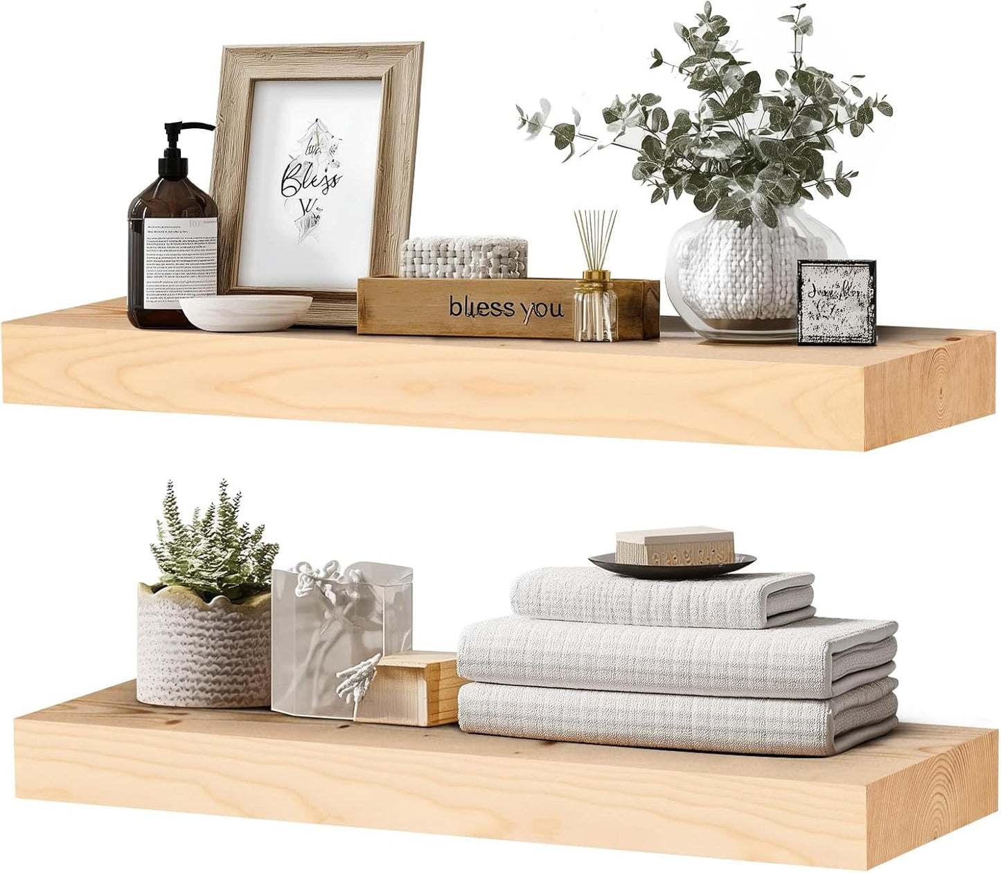 24x8x1.6 inch Floating Shelves Set of 2 – Solid Wood Rustic Wood Wall Mounted Shelf for Kitchen, Bathroom, Living Room