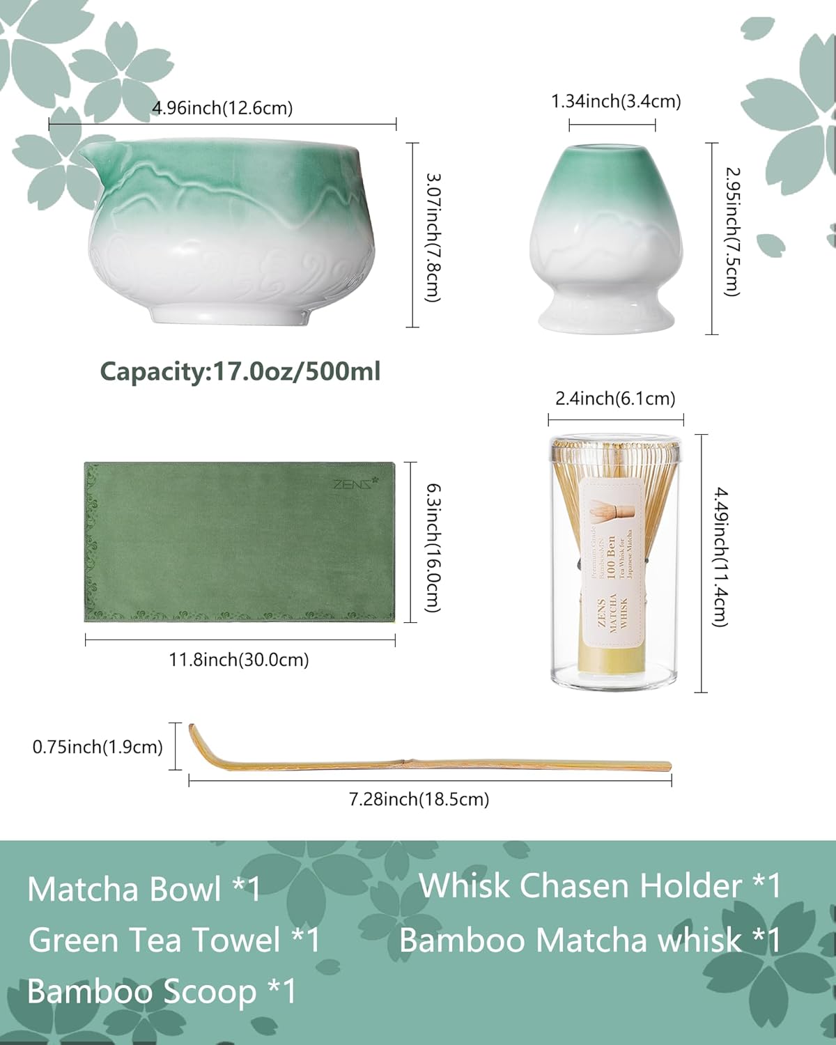 ZENS Matcha Whisk Set, Ceramic Matcha Set Includes Matcha Bowl, Matcha Whisk and Holder, Bamboo Scoop & Tea Towel - 5Pcs Matcha Kit for Matcha Ceremony, Blue