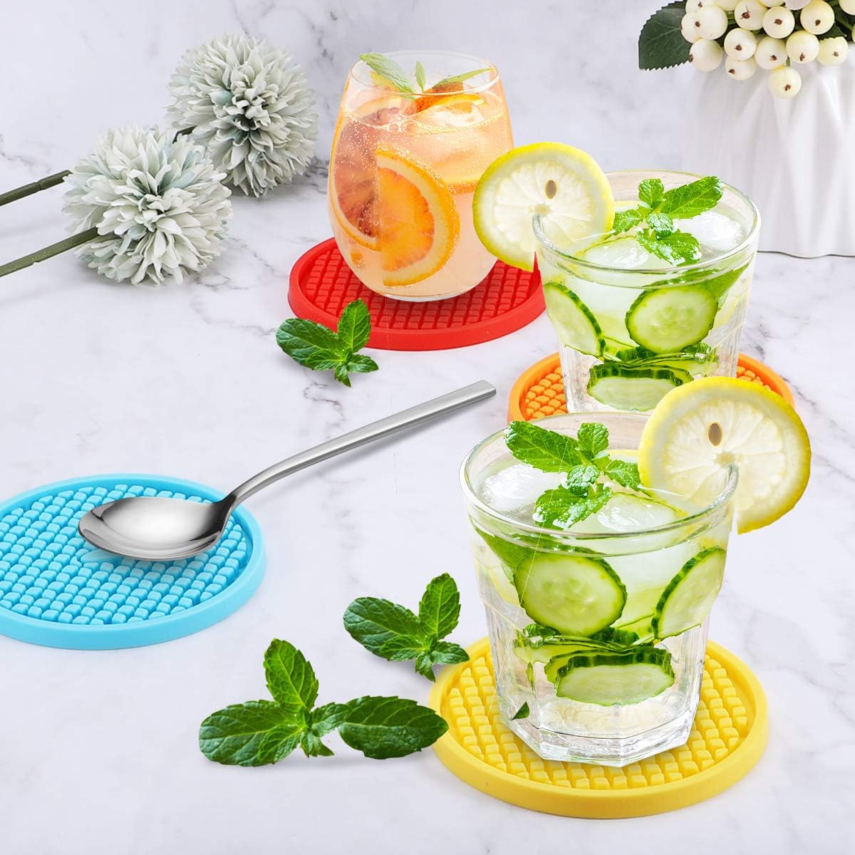 ME.FAN Silicone Coasters [6 Pack] Thickened Drink Coasters with Holder - Cup Mat - Non-Slip, Non-stick, Stay Put, Deep Tray - Prevents Furniture and Tabletop Damages(Blue)