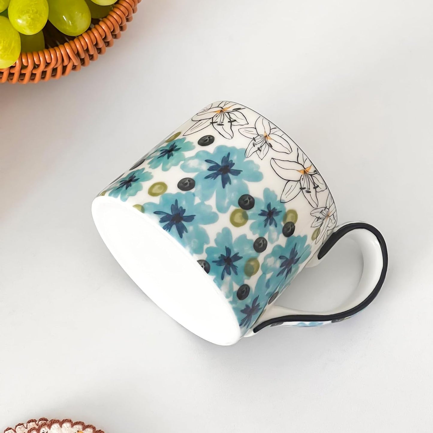 Ceramic Coffee Mug, 12oz Cute Floral Coffee Mugs with Large Handle, Blue Flower Design Stoneware Tea Cup for Office and Home