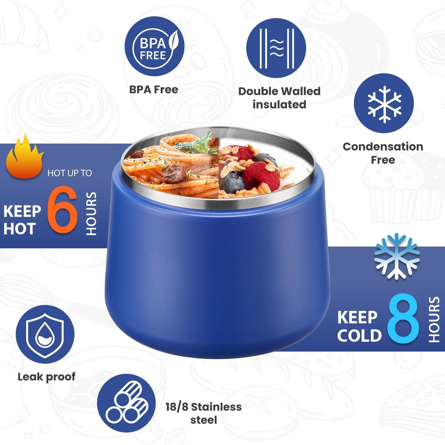 Soup Thermo for Hot Food Kids 14oz Lunch Containers with Buckle Lid Wide Mouth Hot Food Jar Vacuum Insulated Stainless Steel Bento Box Leakproof with Spoon (Light Blue)