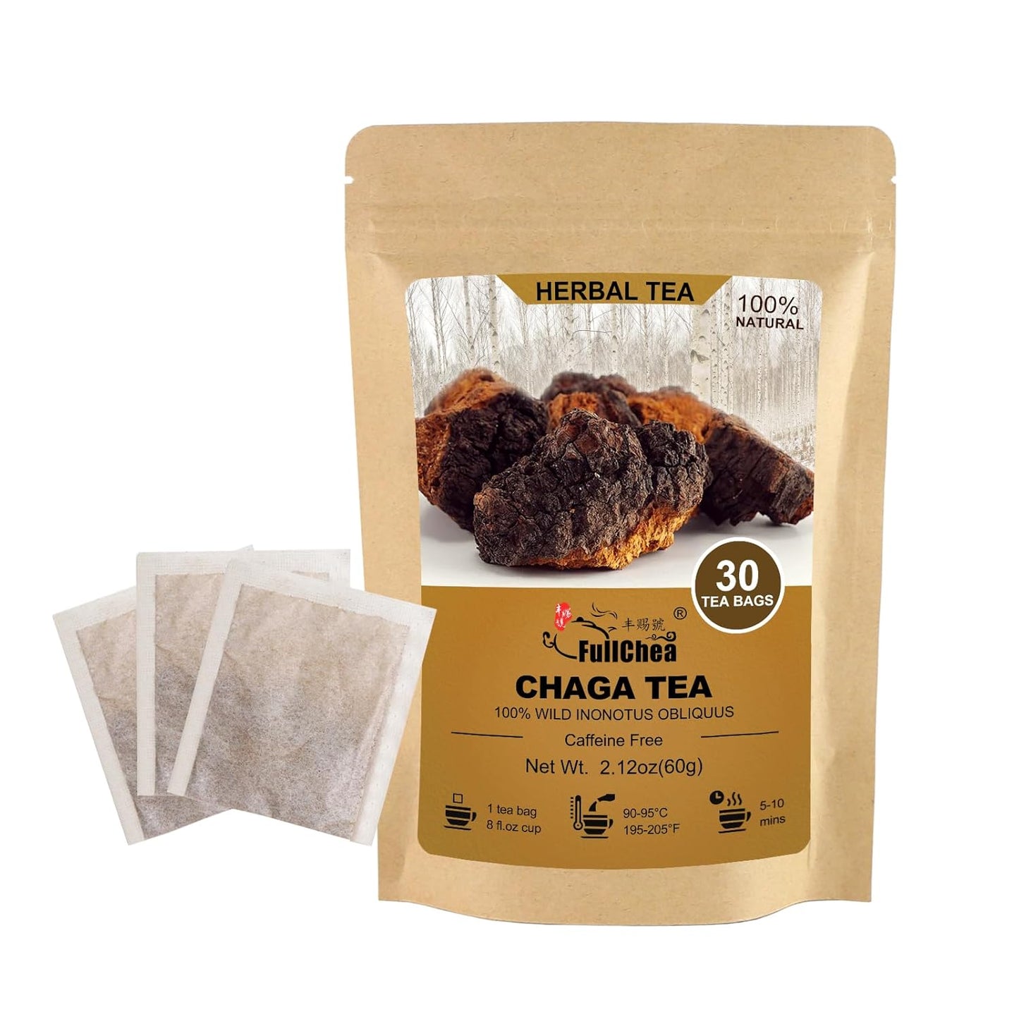 FullChea - Chaga Tea Bags, 30 Teabags, 2g/Bag - Premium Chaga Mushroom Tea - Non-GMO - Caffeine-Free - Rich in Antioxidants & Aid in Digestion