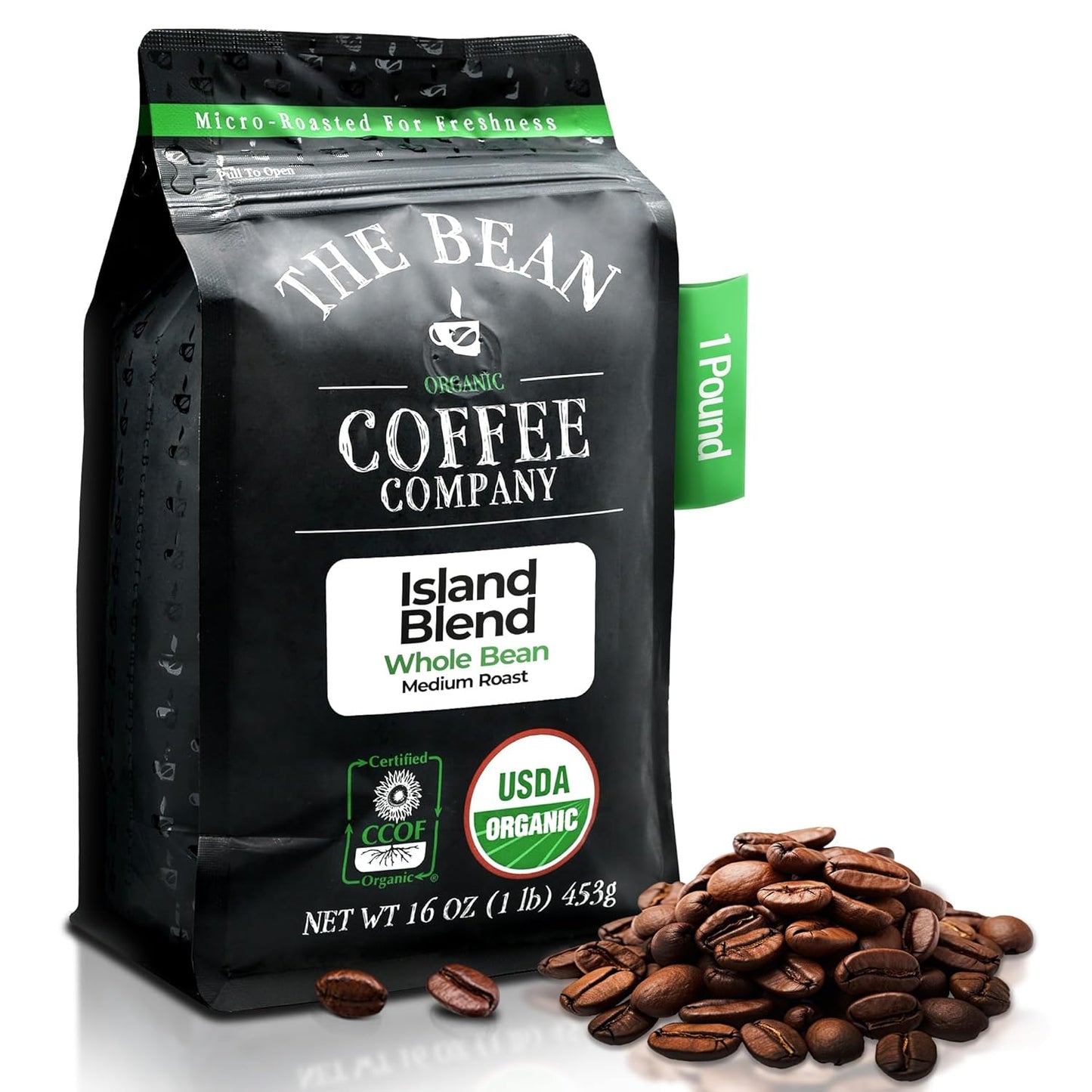The Bean Organic Coffee Company Island Blend, Medium Roast, Whole Bean Coffee, 16-Ounce Bag
