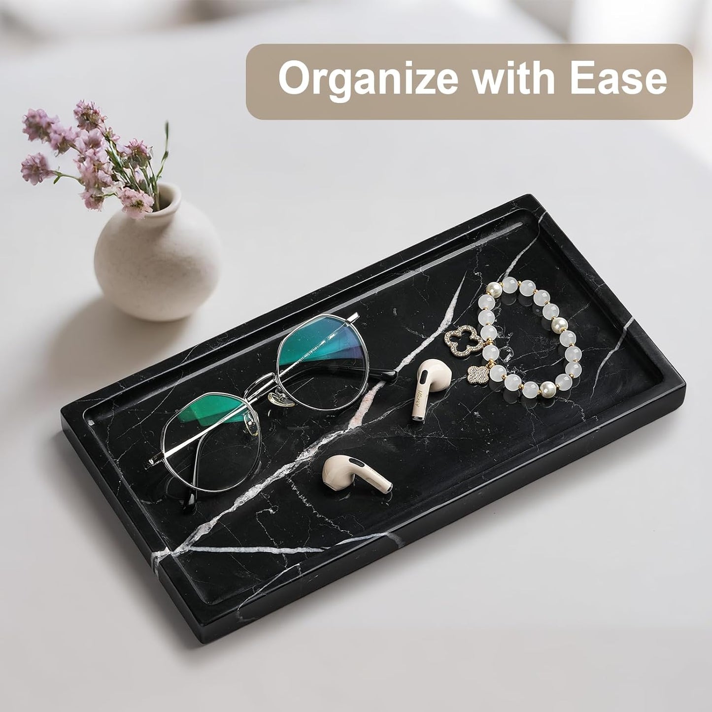 Natural Marble Vanity Tray - Moujings Genuine Marble Perfume Tray for Bathroom Decor, Stone Bathroom Vanity Organizer Tray for Kitchen Counter, Candles, Jewelry, Coffee, Makeup, Key