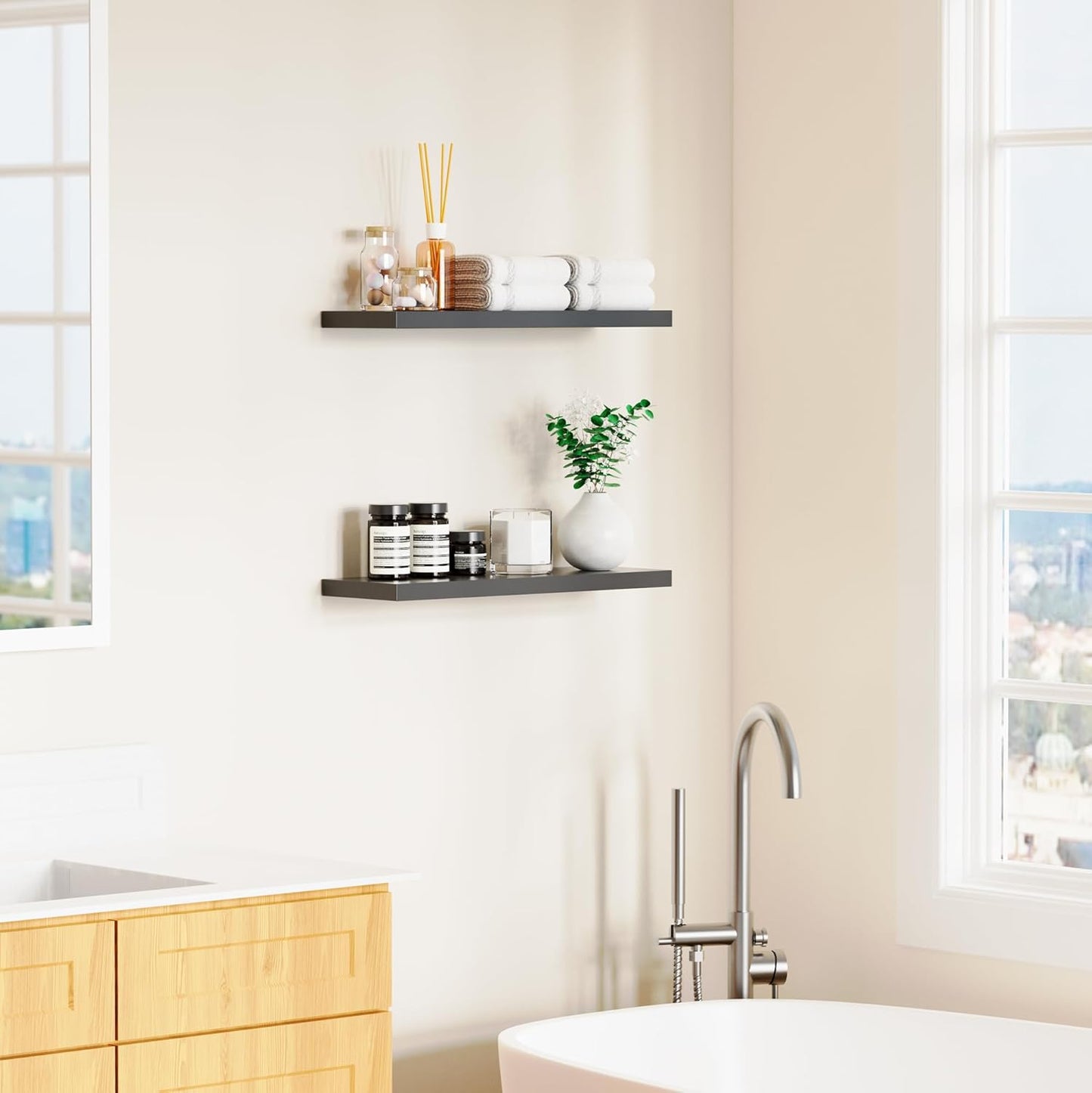 Floating Shelves for Wall, Black Wood Set of 2, 24" Mounted Shelf for Kitchen, Living Room, Bedroom, Bathroom Storage, Book Shelf, Home Decor, Frame Display