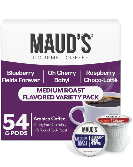 Maud's Blueberry, Cherry & Raspberry Chocolate Flavored Pods Bundle, 54 ct, Medium Roast Flavored Coffee in Recyclable Single Serve Pods – 100% Arabica Coffee, Compatible with Keurig K Cups Maker