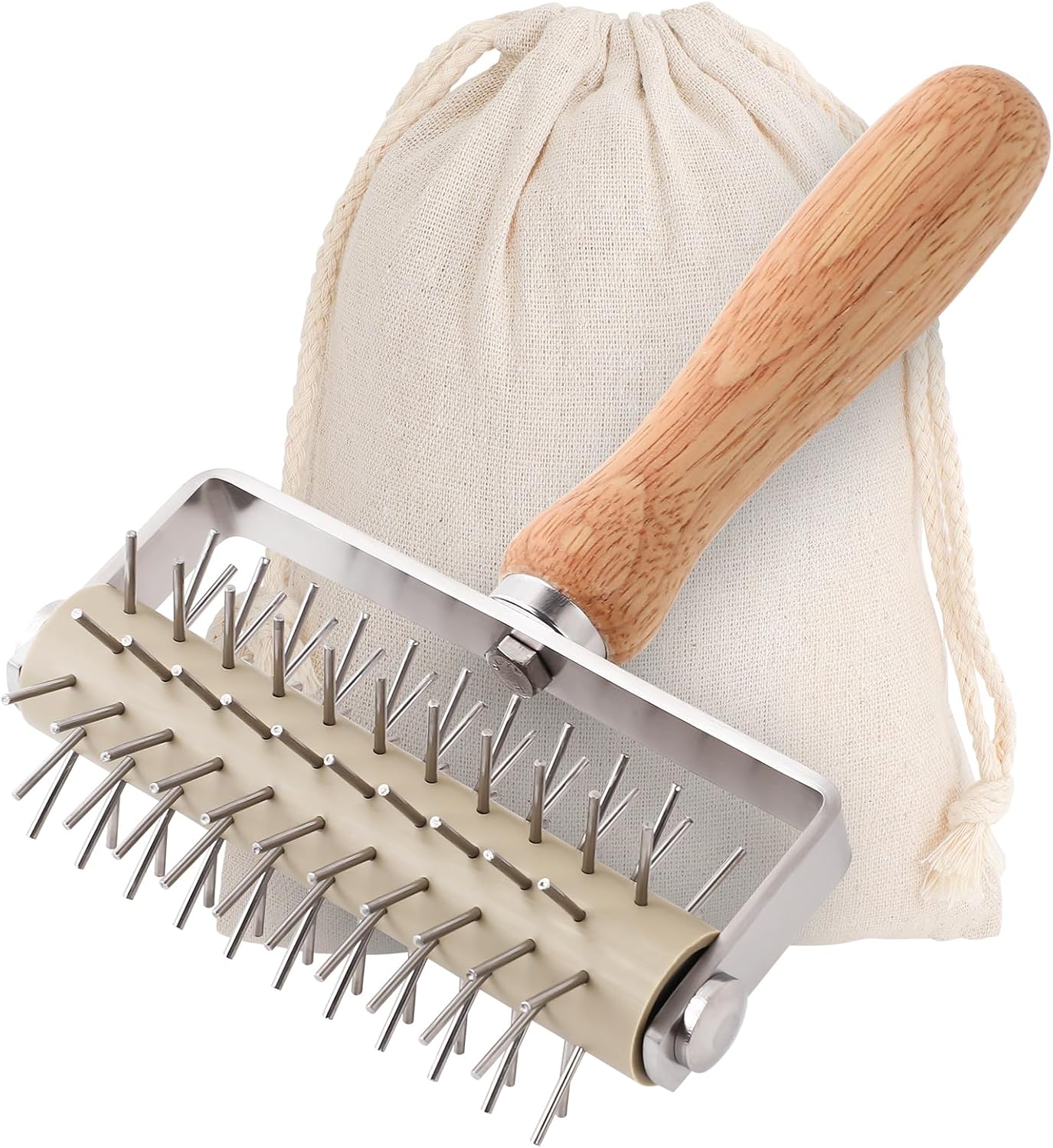 Pizza Dough Docker, Professional Dough Roller with Stainless Steel Spikes Wood Handle, Sturdy Pizza Docking Tool for Home & Commercial Kitchen, Time-Saver for Making Pizza Pie Pastry Bread