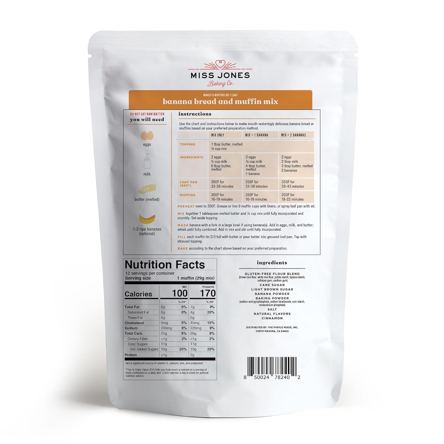 Miss Jones Baking Gluten Free Banana Bread & Muffin Mix - 50% Lower Sugar, Real Banana, Naturally Sweetened Desserts & Treats, 10.57 Ounce (Pack of 1)