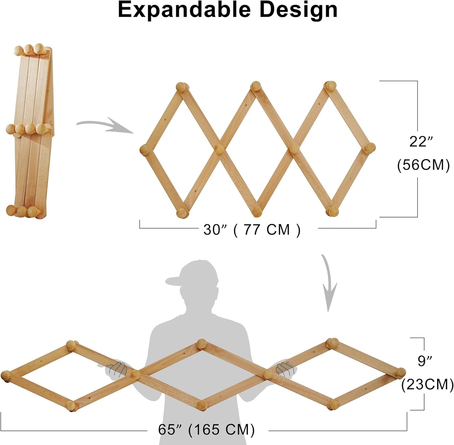 Dseap Expandable Coat Rack (Larger Version) - 24” High, Anti-Slip, Ultra Heavy Duty Wooden Accordian Wall Hanger with 10 Study Peg Hooks for Clothing Hats Jackets Bags, Cherry Red