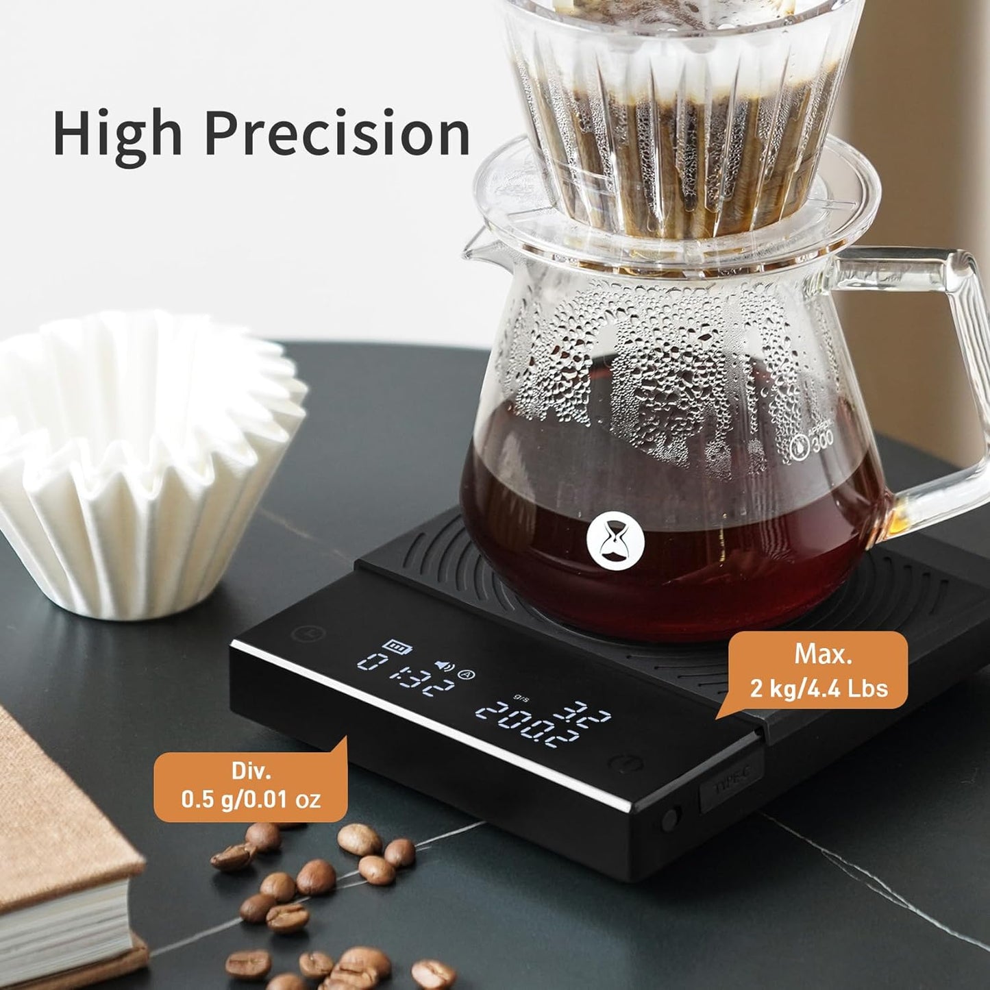 TIMEMORE Coffee Scale Basic 2.0 Electronic Espresso Scale with Water Flow Rate and Timer Function, Free Switching of Ounce/kg Units, Digital Scale for Kitchen/Baking/Cooking, Black