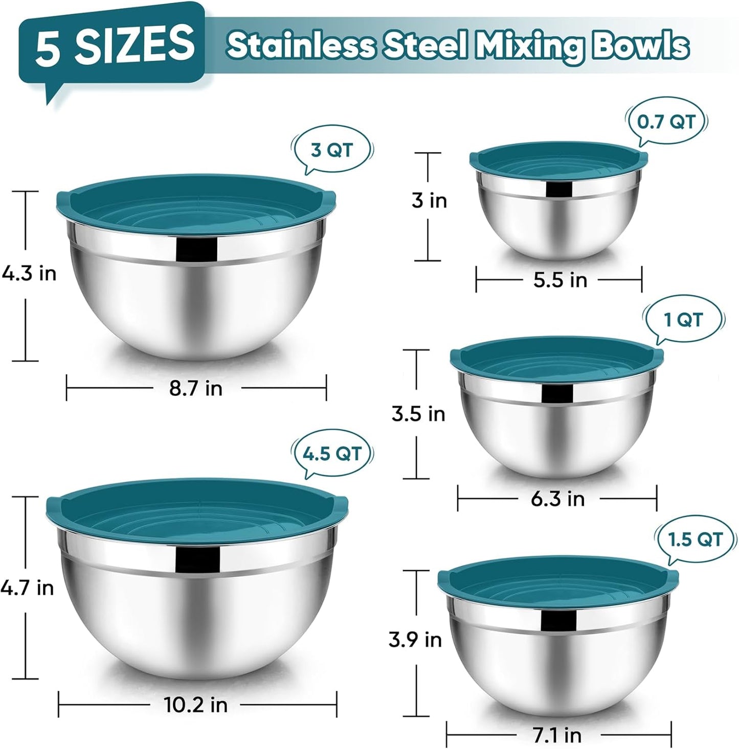 TeamFar Mixing Bowl Set of 5, Stainless Steel 4.5/3/1.5/1/0.7 QT Metal Nesting Salad Bowls with Lids, Ideal for Mixing Serving Tossing, Non-Toxic & Sturdy, Airtight Lid & Easy Clean, Blue