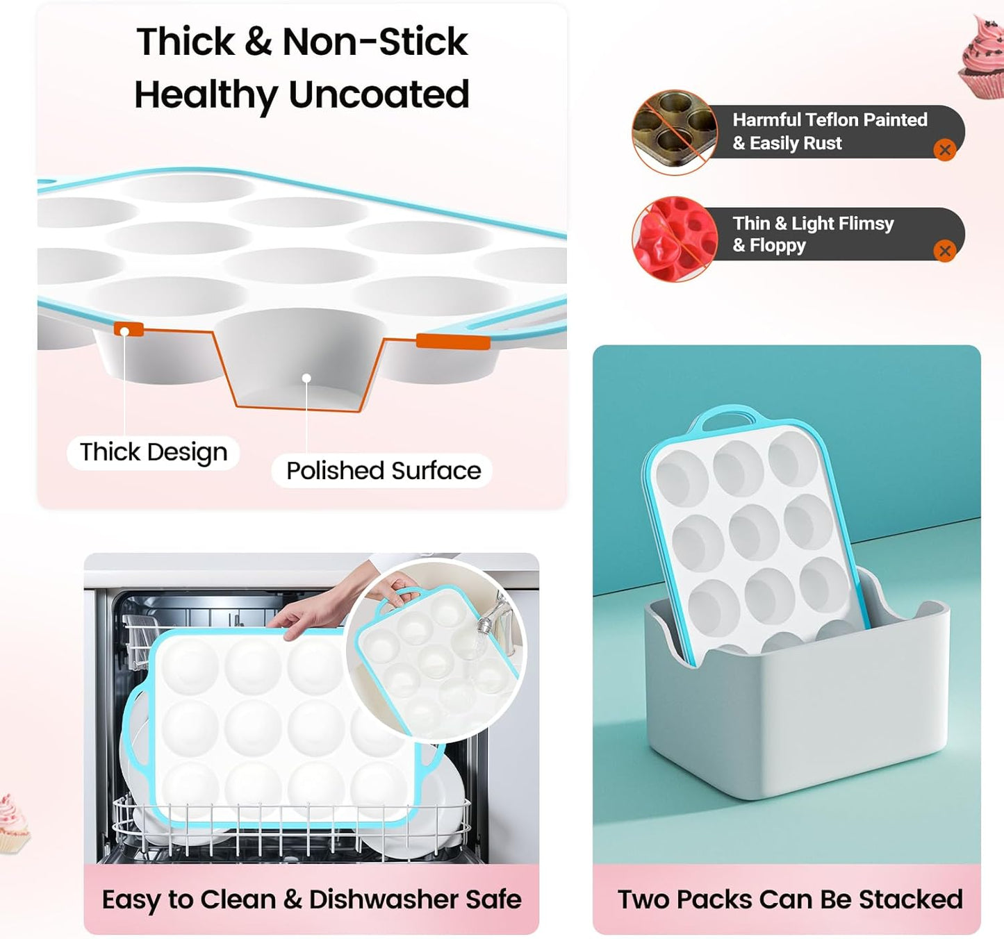 Silicone Muffin Pans for Baking 1 Pack, 2.6 Inch with Metal Reinforced Frame, Regular Size Nonstick Cupcake Pan 12 Cups for Baking Homemade Muffins, Dishwasher Safe BPA Free-Blue