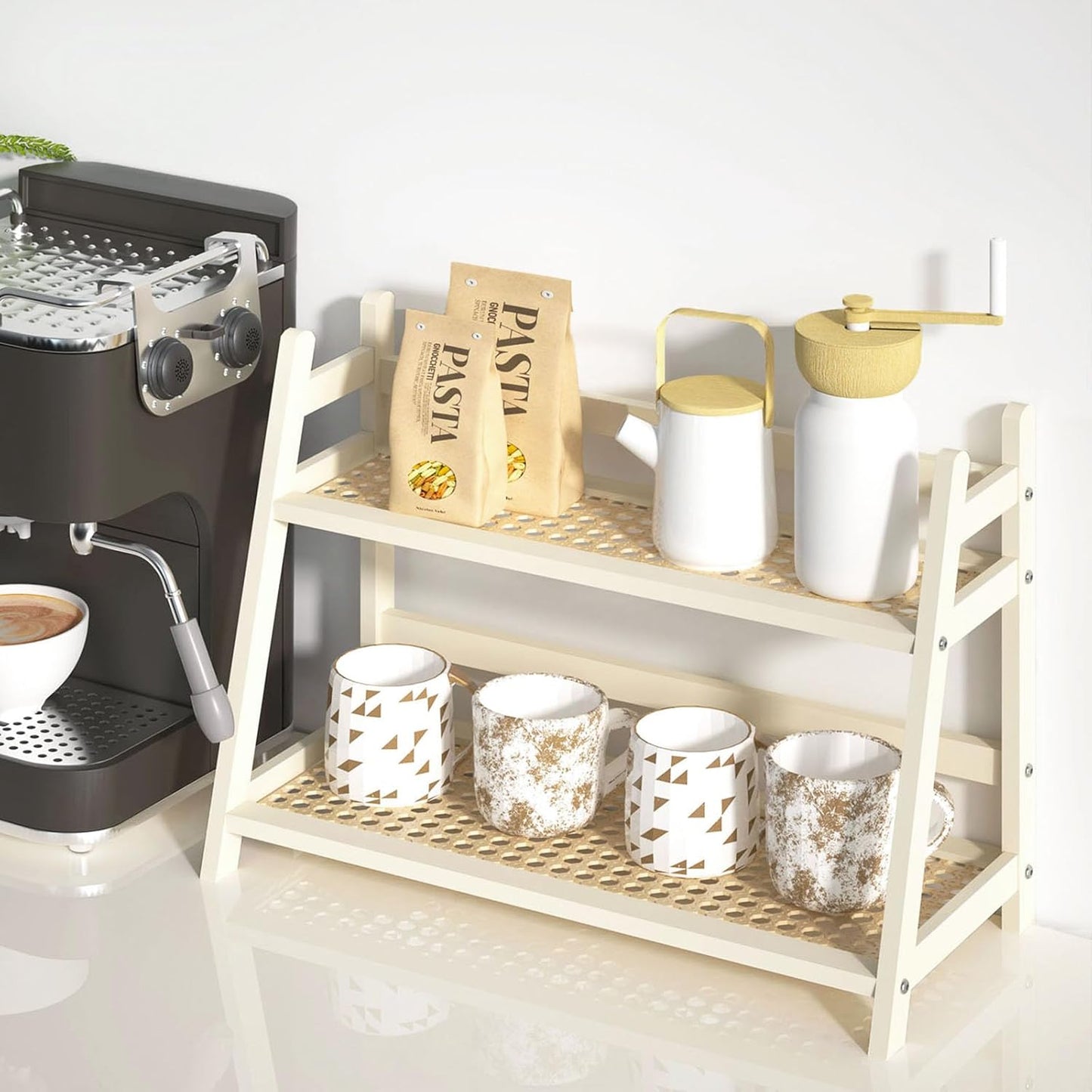 Wicker-Look Coffee Station Organizer, Bamboo Mug Holder Countertop, Kitchen Counter Shelf for Tea Coffee Bar Accessories, Matcha Stand, Cup Display, Condiment Storage Rack, 2 Tier, White