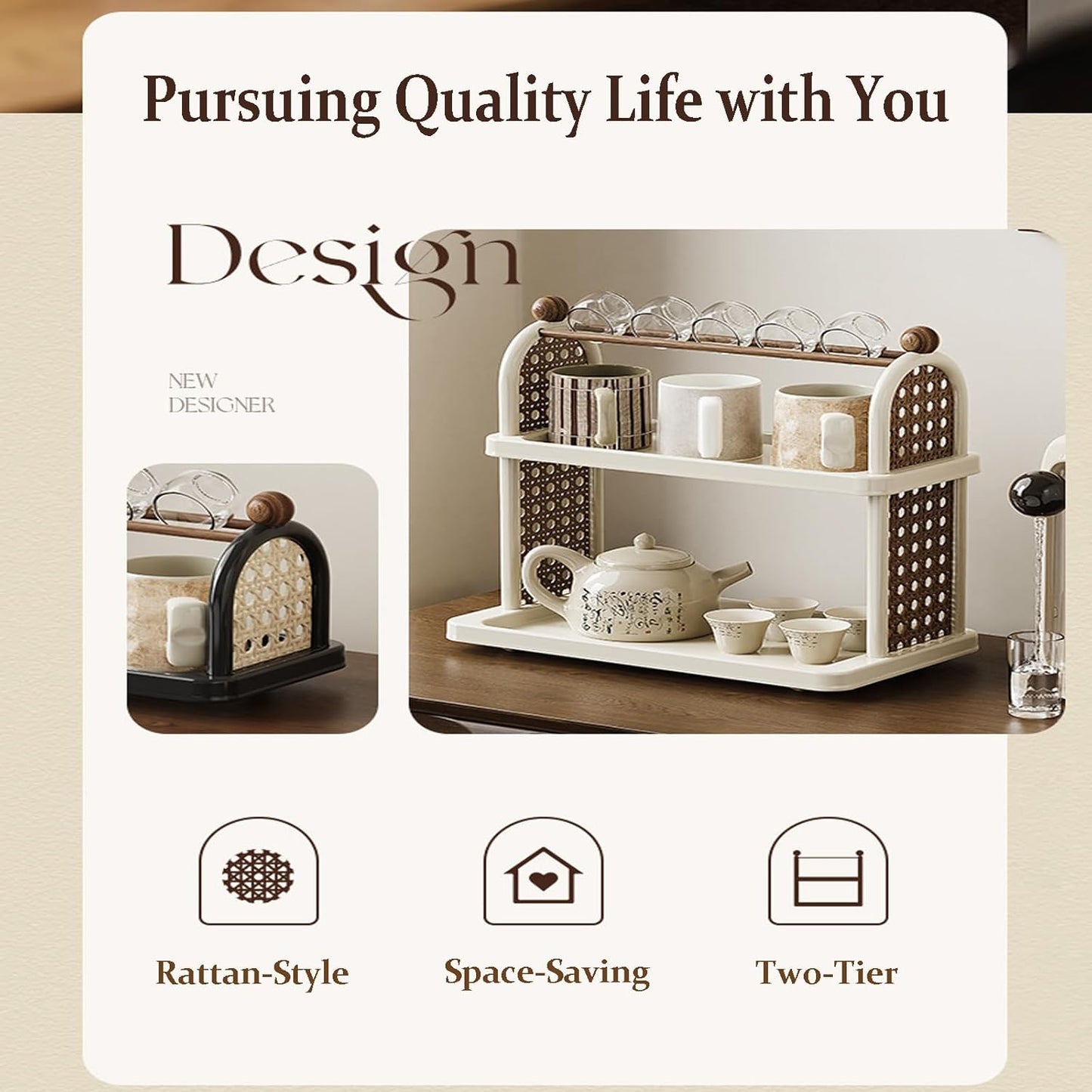 2-Tier Rattan Organizer Vintage Coffee Mug Cup Holder for Countertop Kitchen Bedroom and Living Room, Saucer Bottle Storage Kitchen Accessories (White)